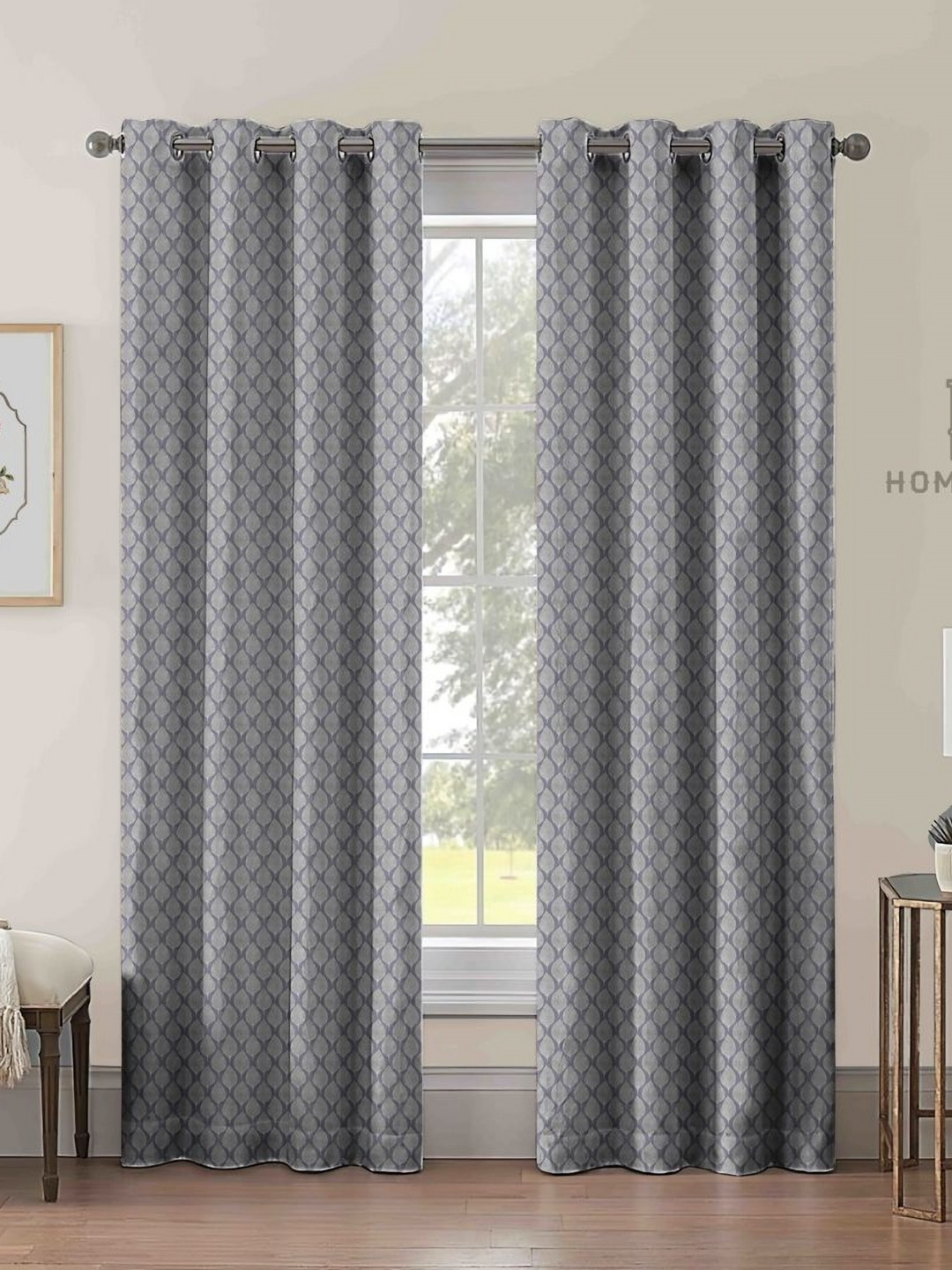 Aura Charcoal & Grey 2 Pieces Ethnic Motifs Printed Room Darkening Long Door Curtains