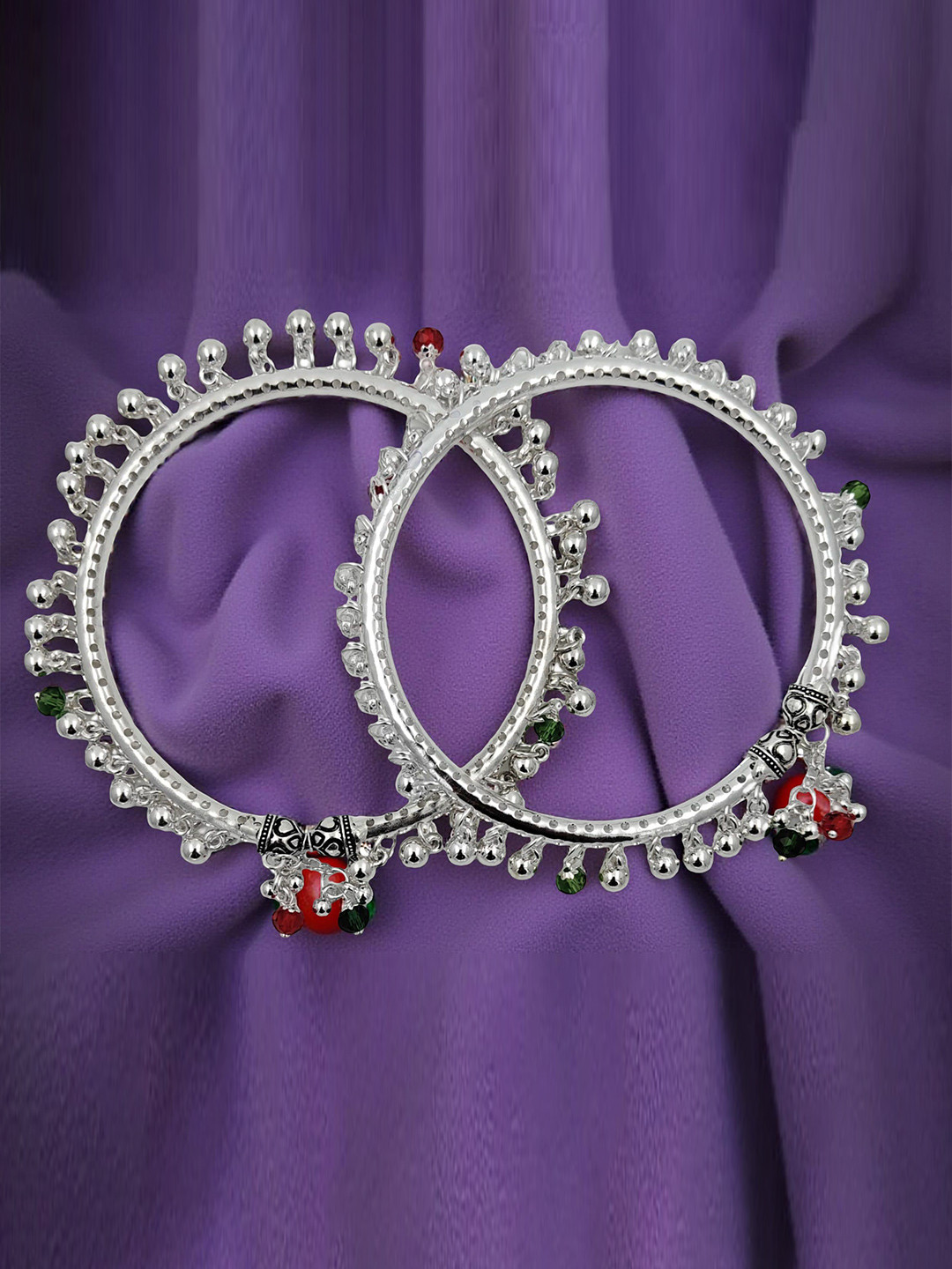 Adhvik Silver-Plated Crystal Beaded Ghungroo Leg Payal Kada Anklet