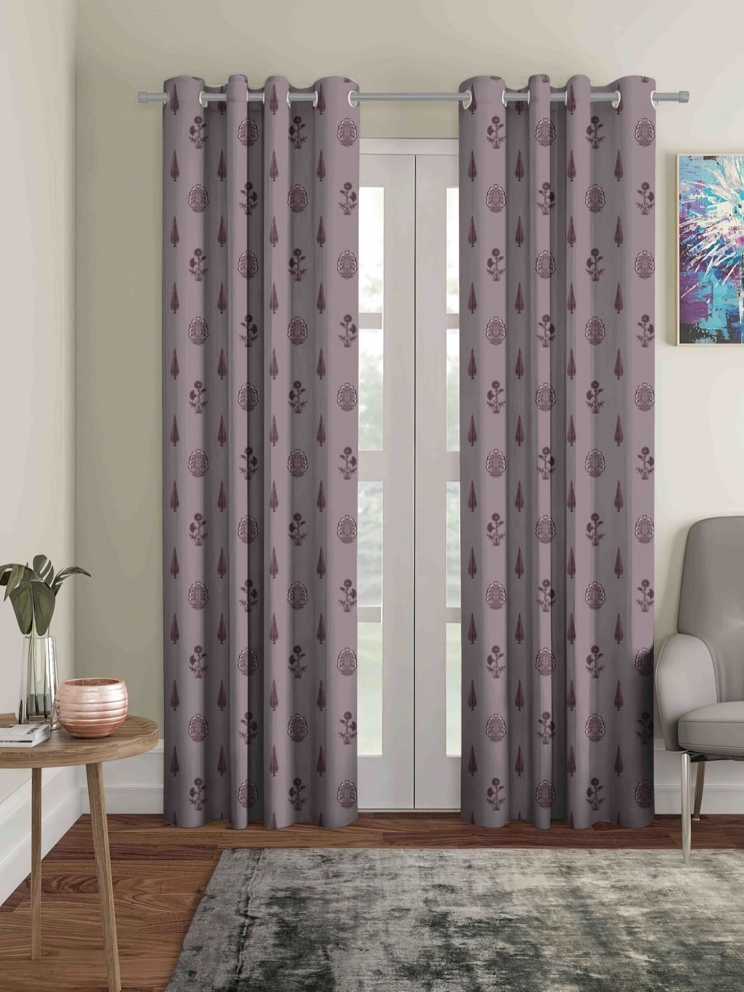 Aura Mauve & White 2 Pieces Ethnic Motifs Printed Room Darkening Long Door Curtains