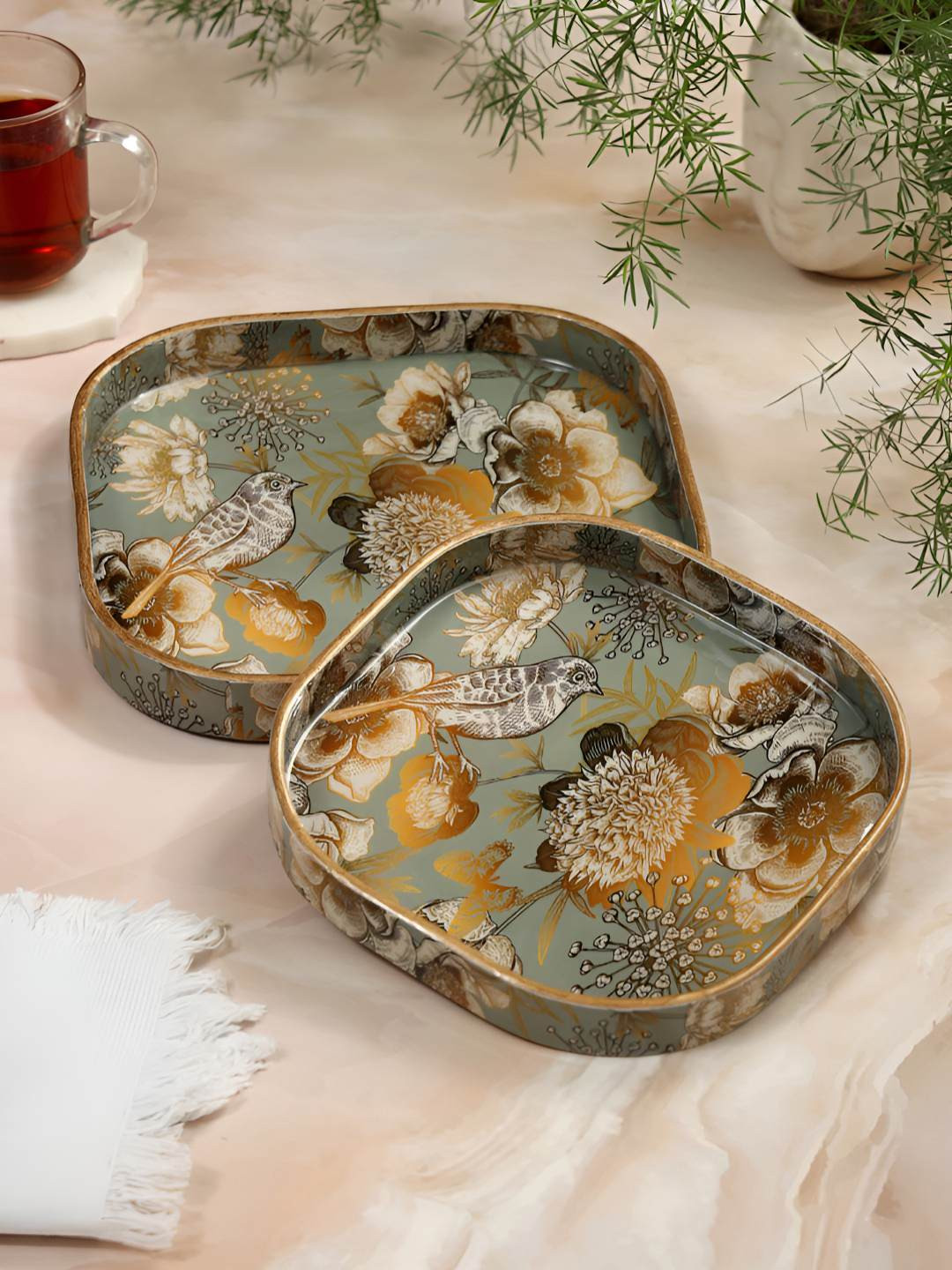 DULI Grey & Brown 2 Pieces Printed Square Shaped Serving Trays