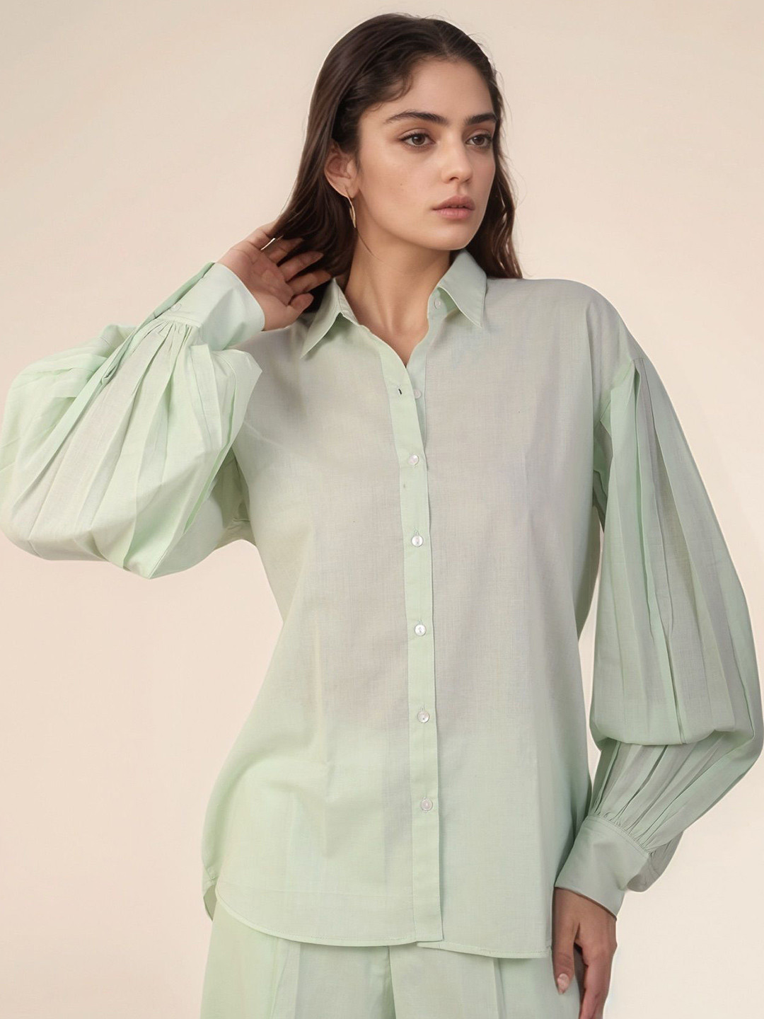 Dheeraj Sharma Women Solid Spread Collar Cotton Casual Shirt