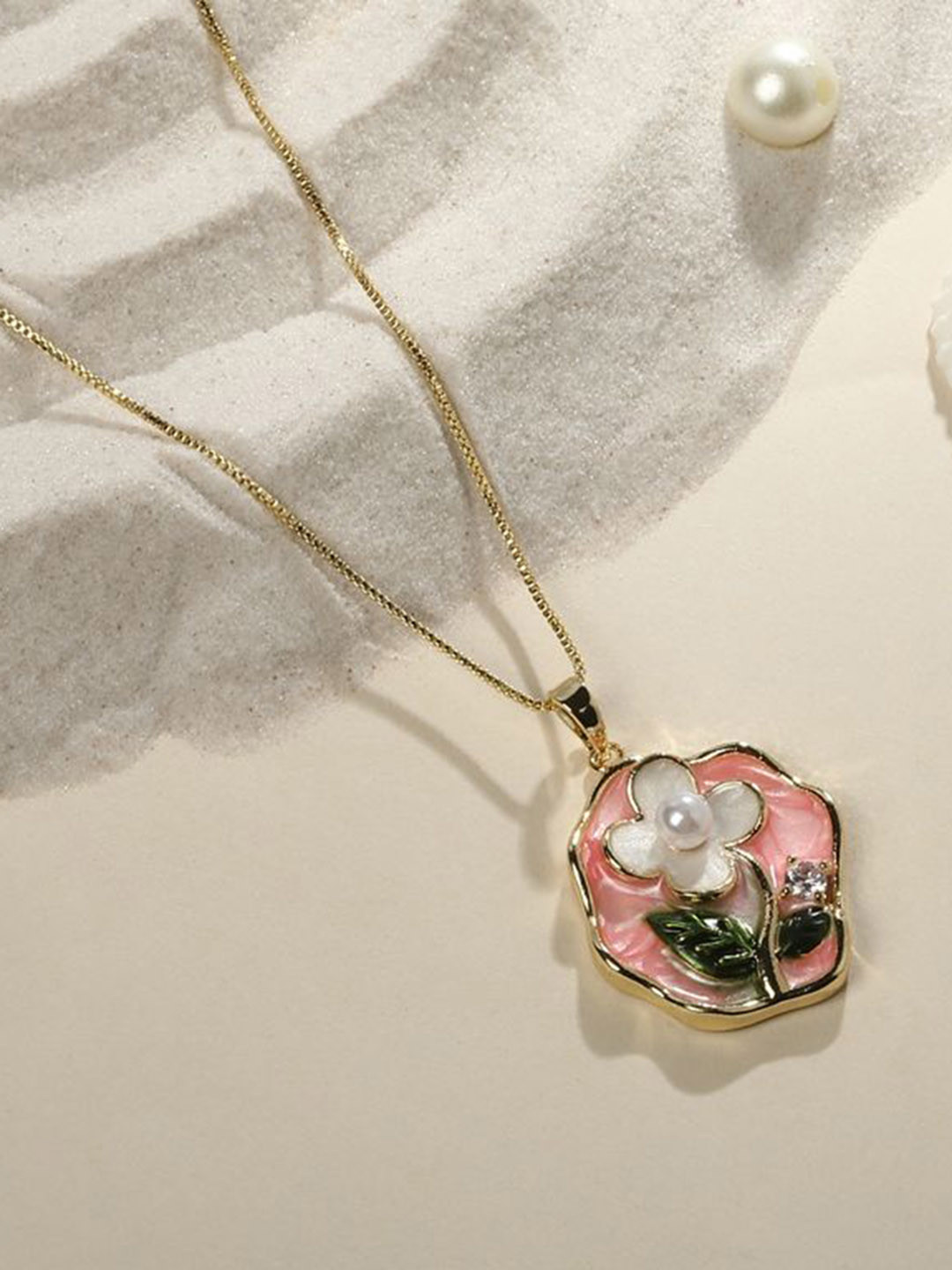 Cierra 18KT Gold-Plated Artificial Stones Studded & Beaded Floral Pendant With Chain