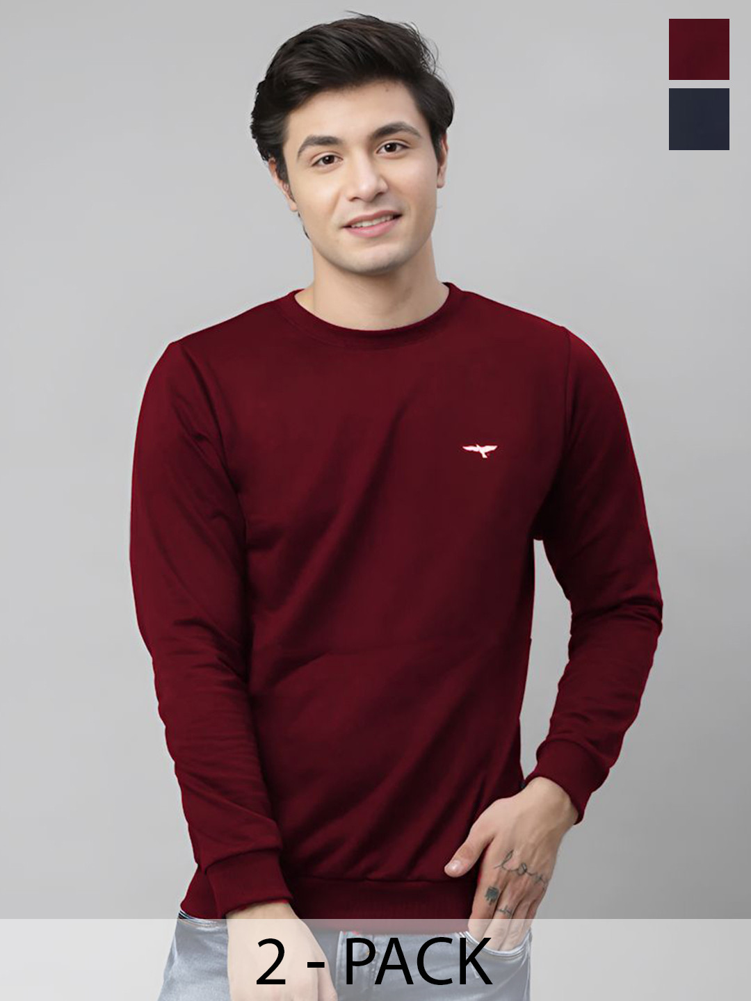 REYA Men Pack Of 2 Brand Logo Printed Round Neck Cotton Sweatshirt