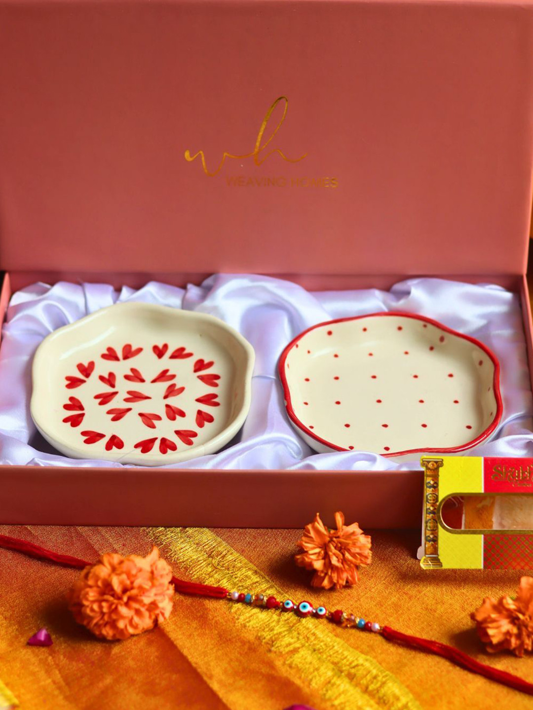 WEAVING HOMES White & Red Set Of 2 Dessert Plate With 1 Rakhi & Roli Chawal
