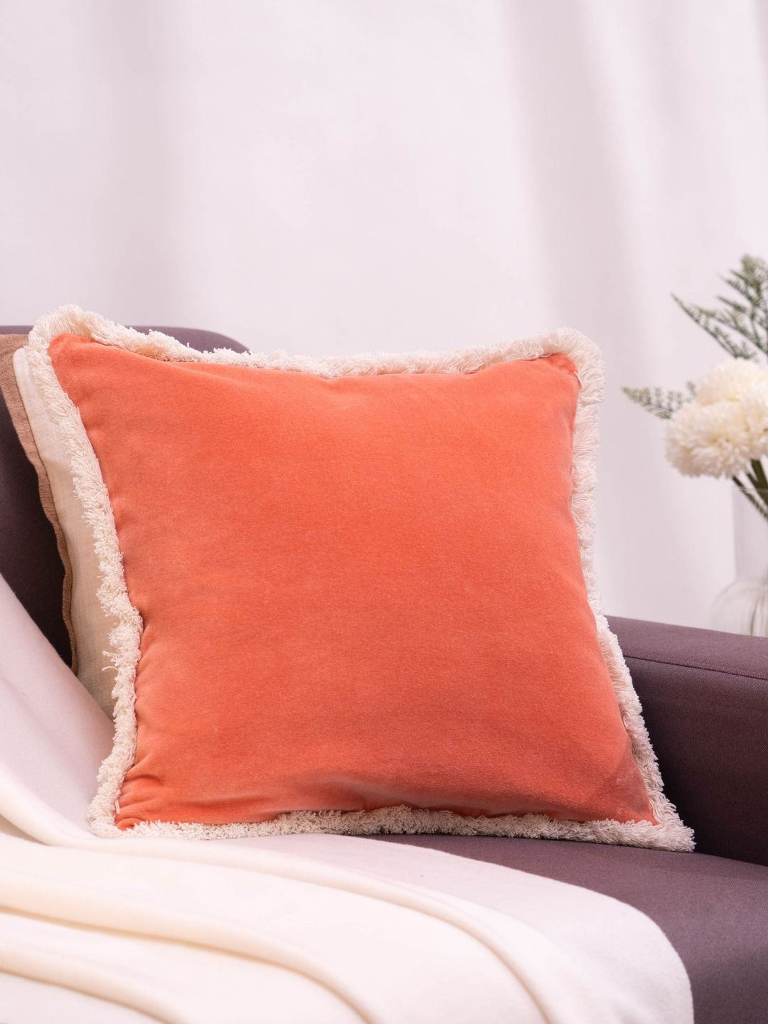 haus & kinder Terracotta Luxe Coral & White Velvet Square Cushion Cover