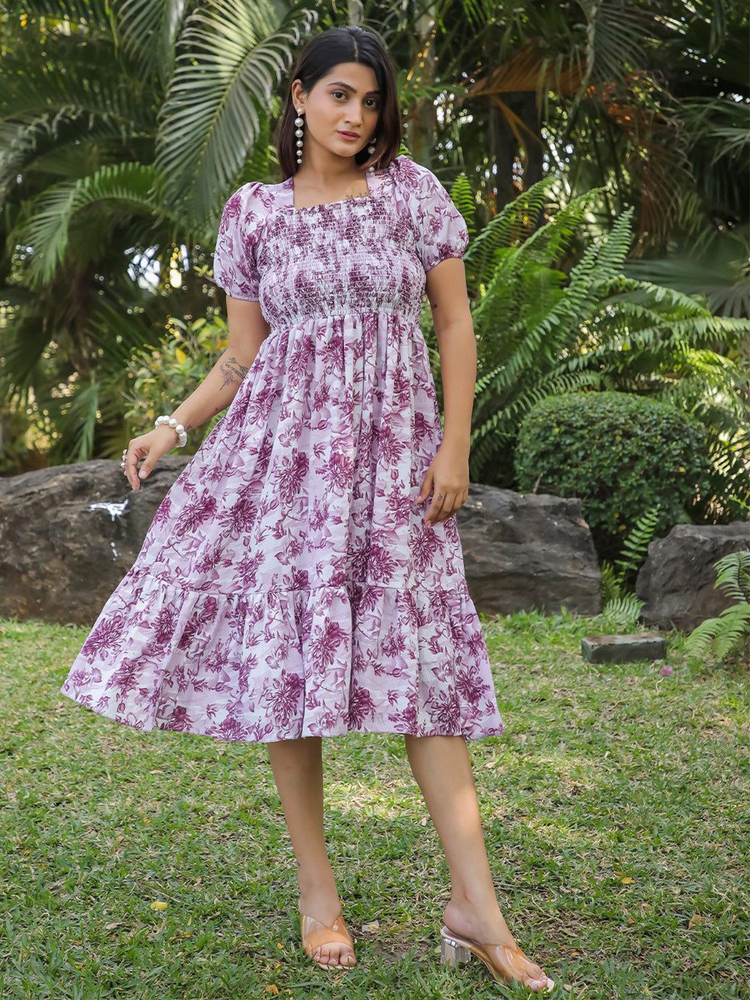 PTVIZE Printed Smocked Detail Fit & Flare Dress
