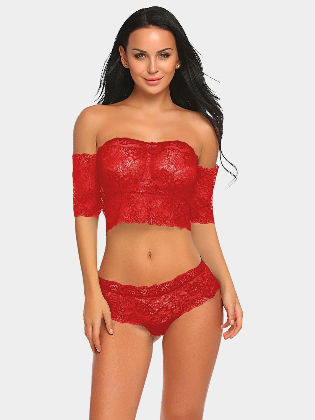 Ribald The Neech Women Off-Shoulder Non Padded Lace Lingerie Set