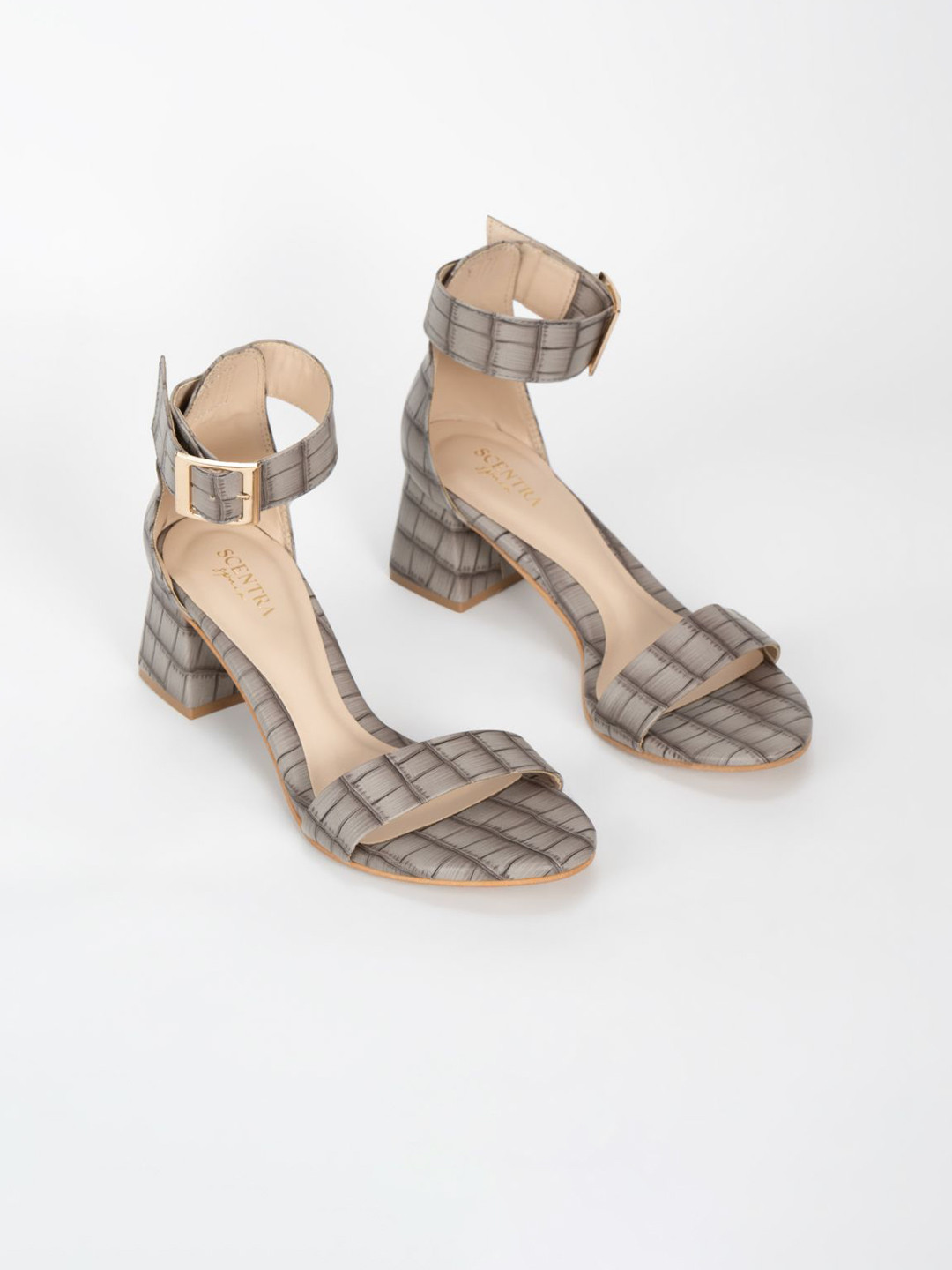 SCENTRA Spain Women Textured Party Block Heel Sandals with Buckles