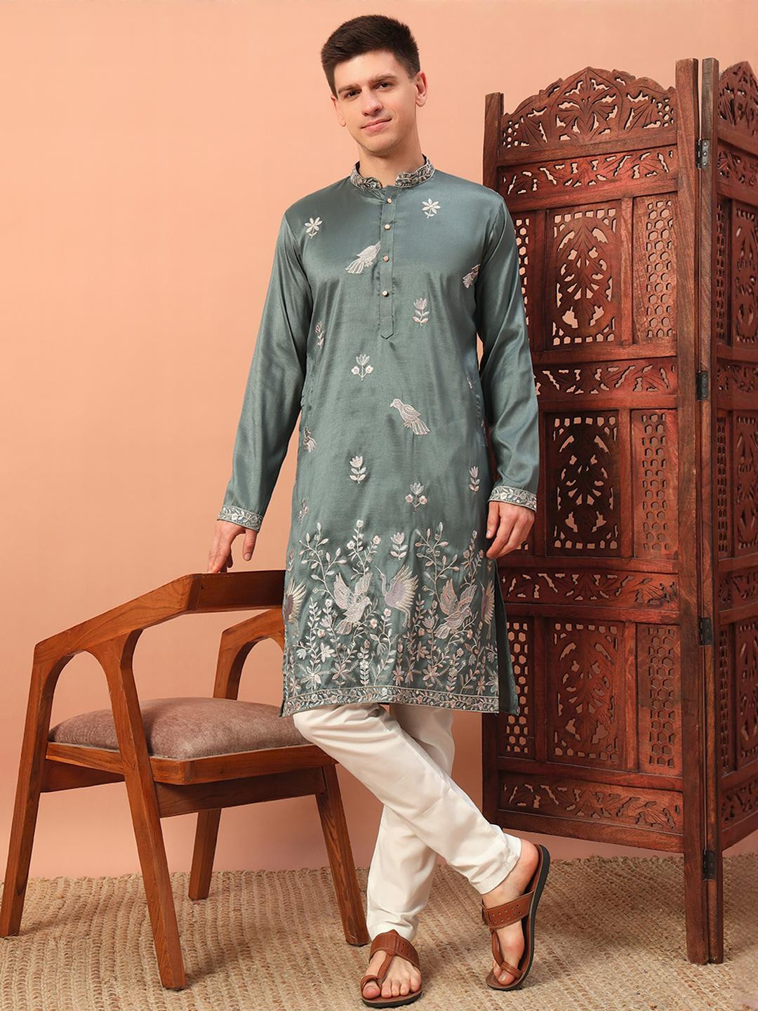 DVILLA Men Sea Green Cotton Kurtas