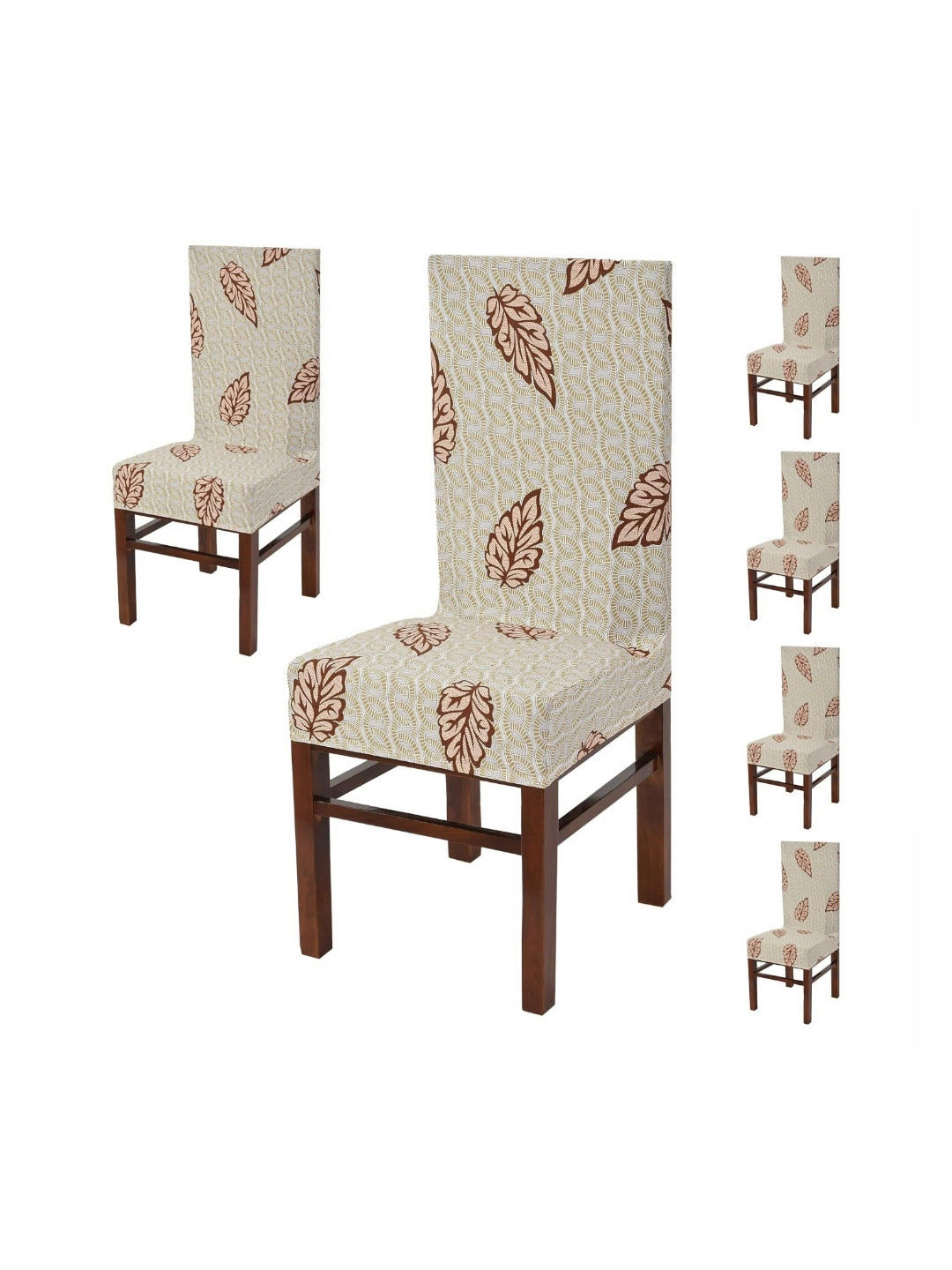Yellow Weaves White & Brown 6 Pieces Printed Stretchable Chair Covers
