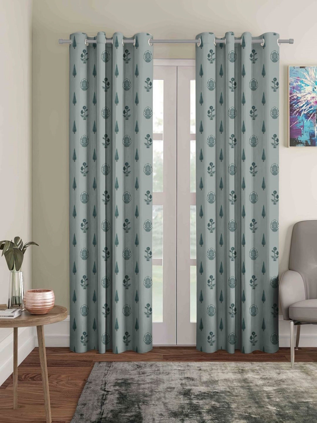 Aura Grey & Green 2 Pieces Etjnic Motifs Printed Room Darkening Door Curtains