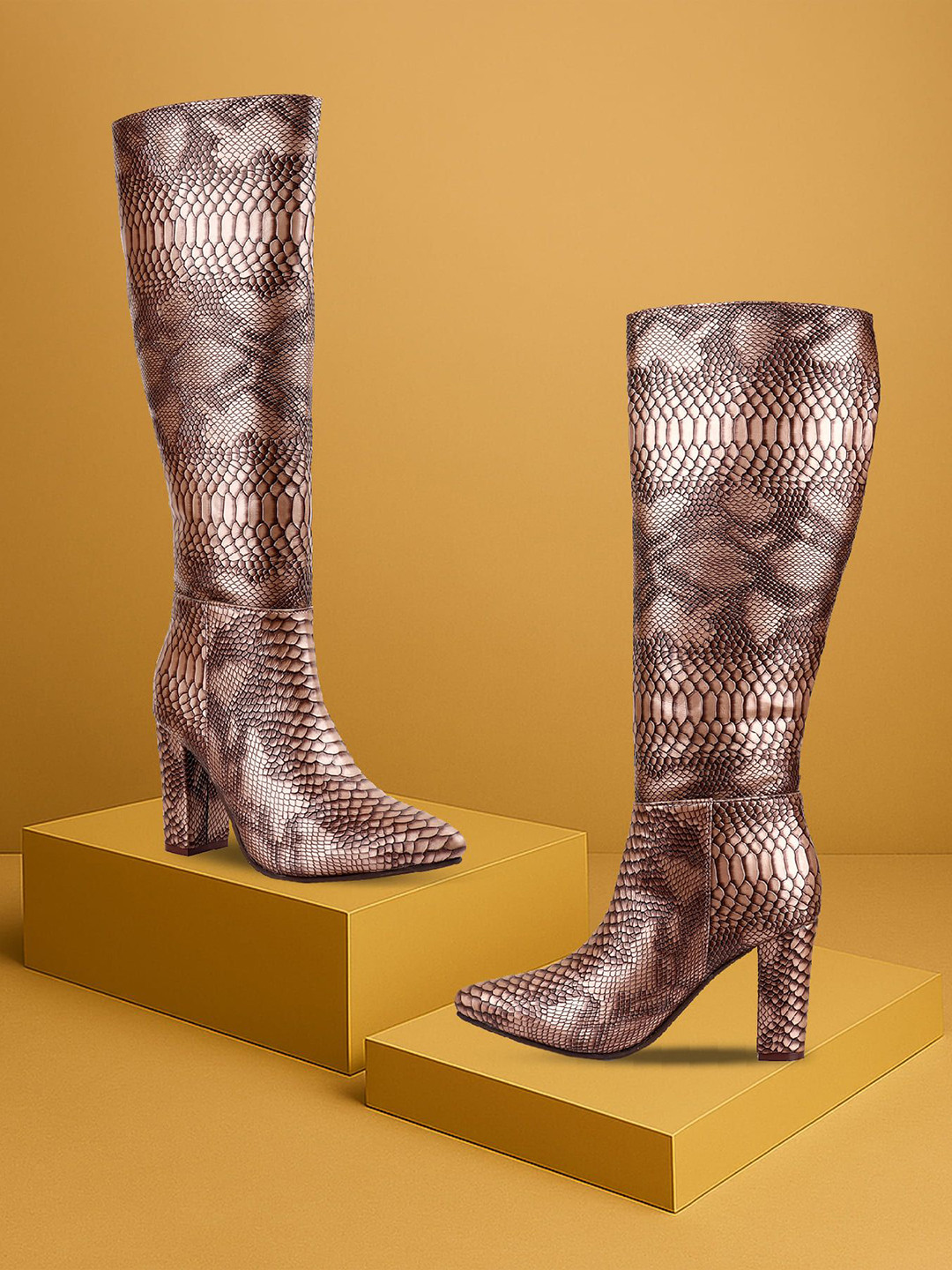 Bxxy Block Heel Snake-Pattern  Knee Long Boots