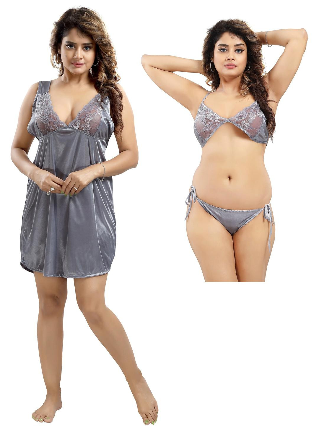 LIFE-TALE Women Grey Satin Nightdress