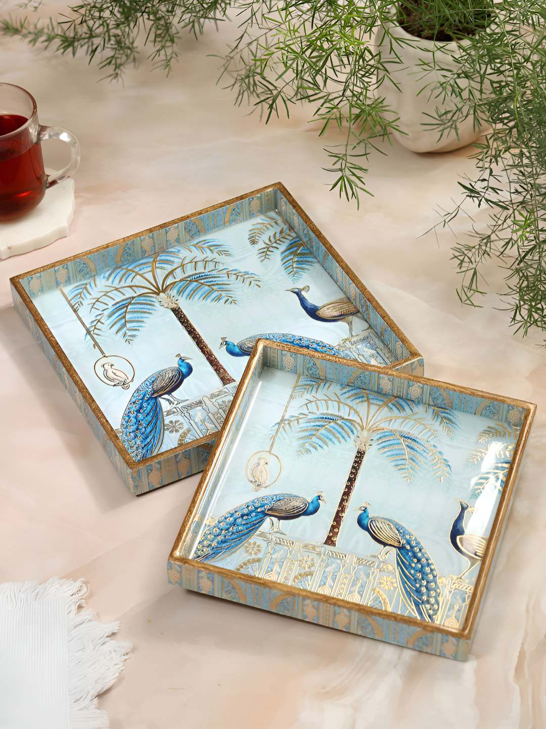 DULI Blue & Gold-Toned 2 Pieces Printed Square Shaped Serving Trays