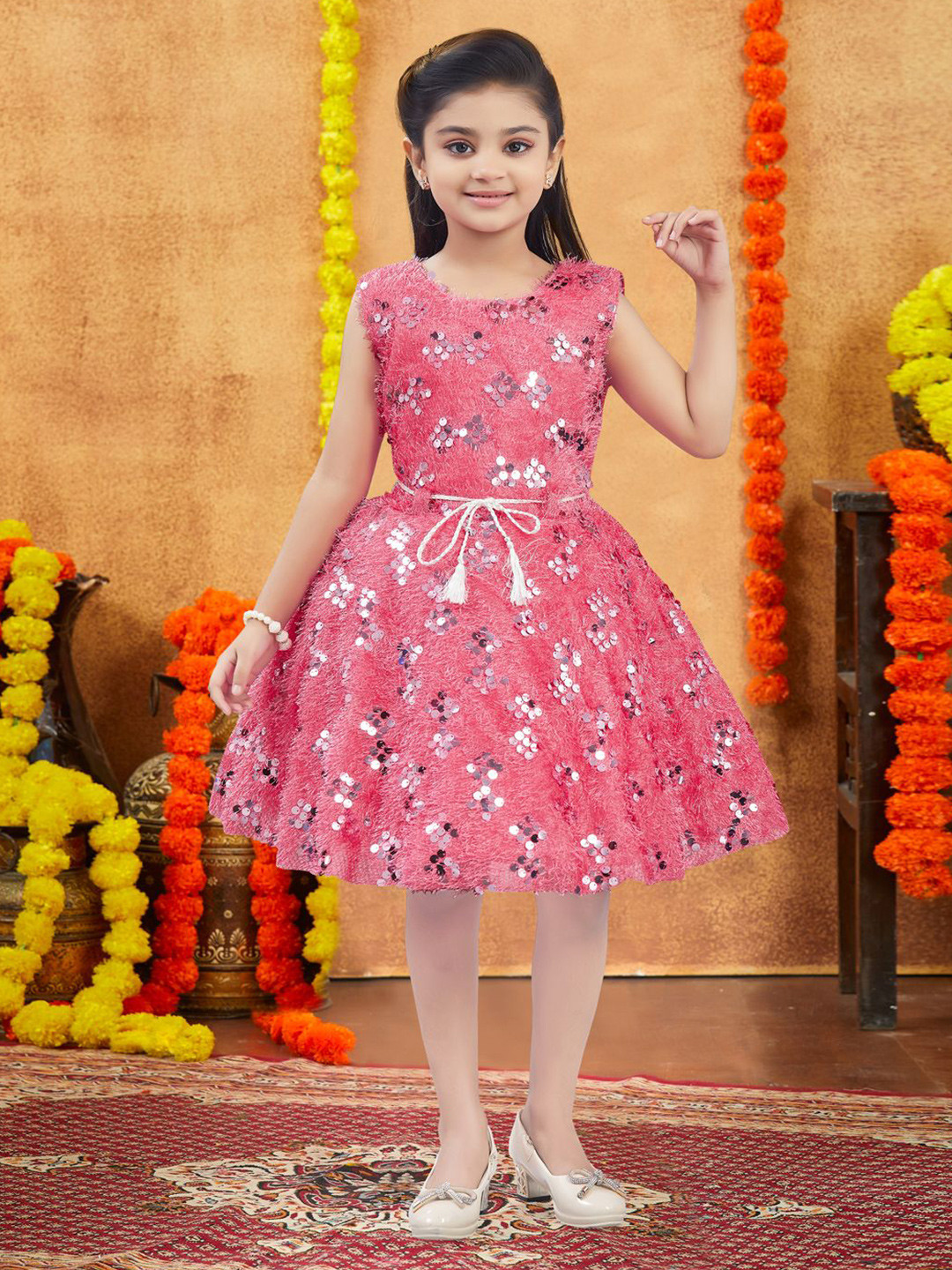BAESD Girls Self Design Sequin Embellished Pure Wool Fit & Flare Dress