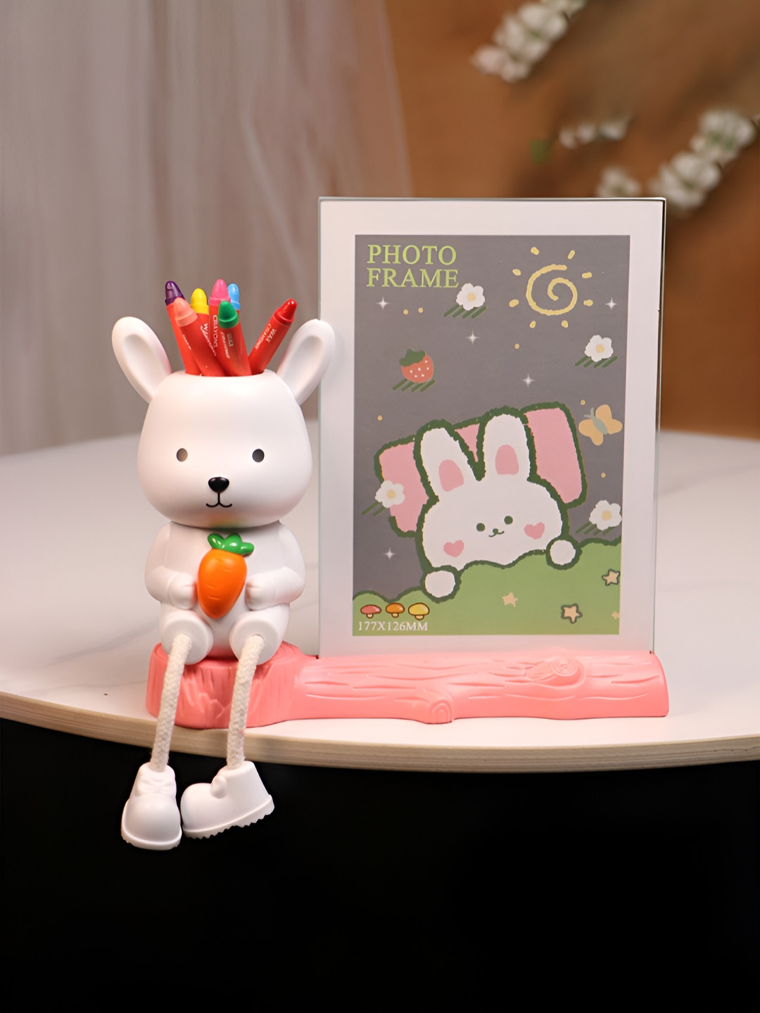 Art Street Pink & White Creative Cute Rabbit Tady Table Photo Frame With Pen Holder