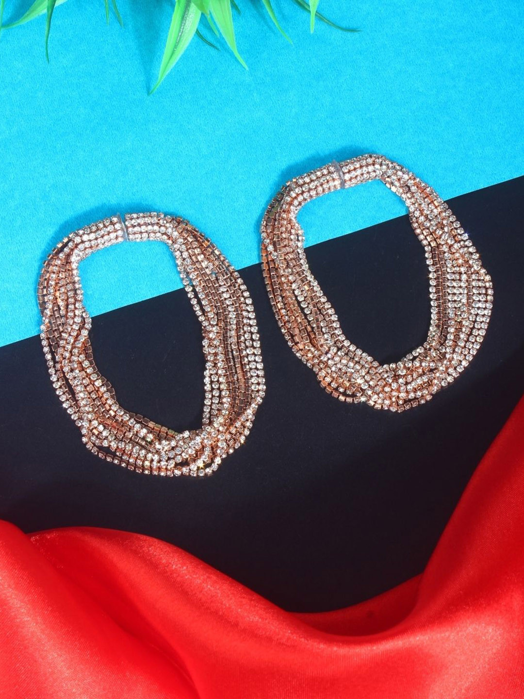 StyleCast Rose Gold-Plated Rhinestone Studded Contemporary Shaped Drop Earrings