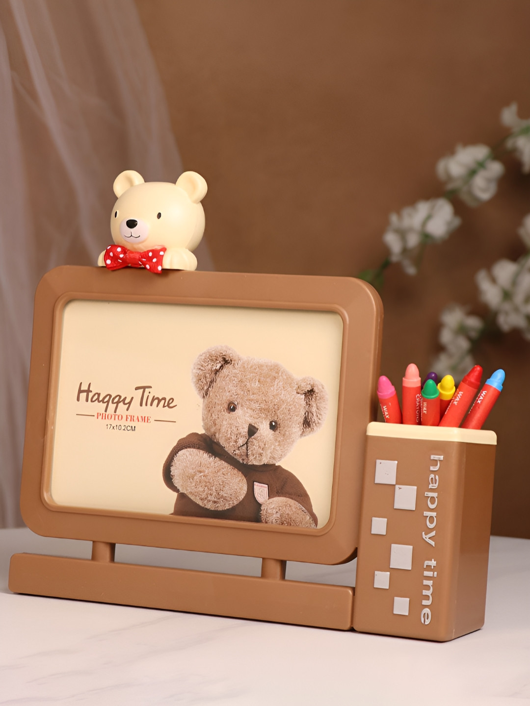 Art Street Brown & Grey Creative Cute Teddy Bear Table Photo Frame With Pen Holder