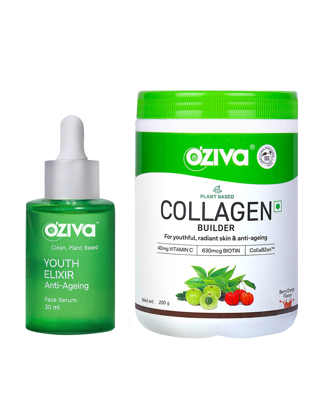 OZiva Set of Plant Based Collagen Builder 200g & Youth Elixir Face Serum 30ml