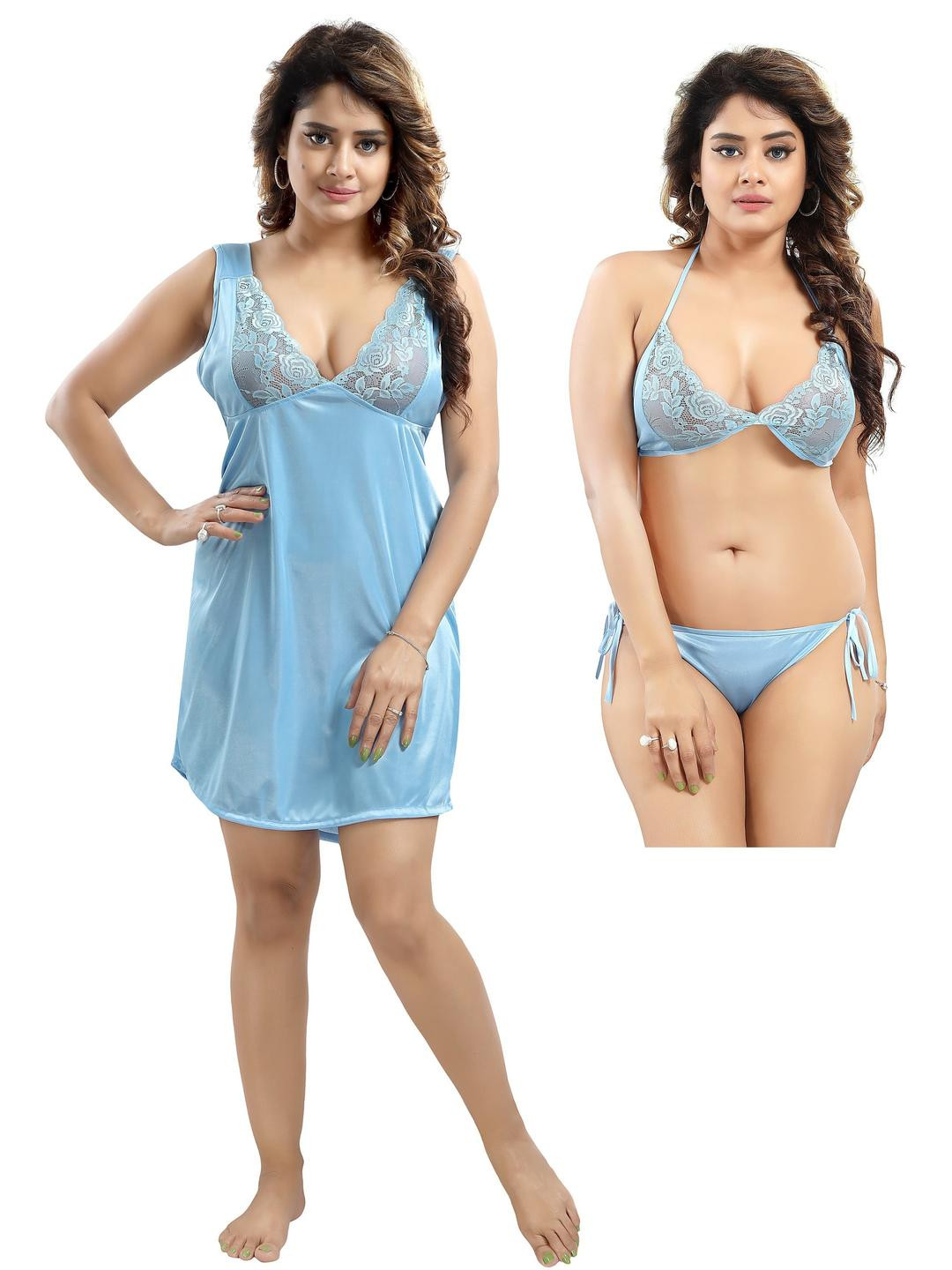 LIFE-TALE Women Blue Pure Cotton Nightdress