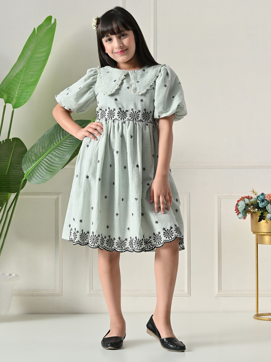 Bella Moda Girls Embroidered Gathered or Pleated Cotton Fit & Flare Dress