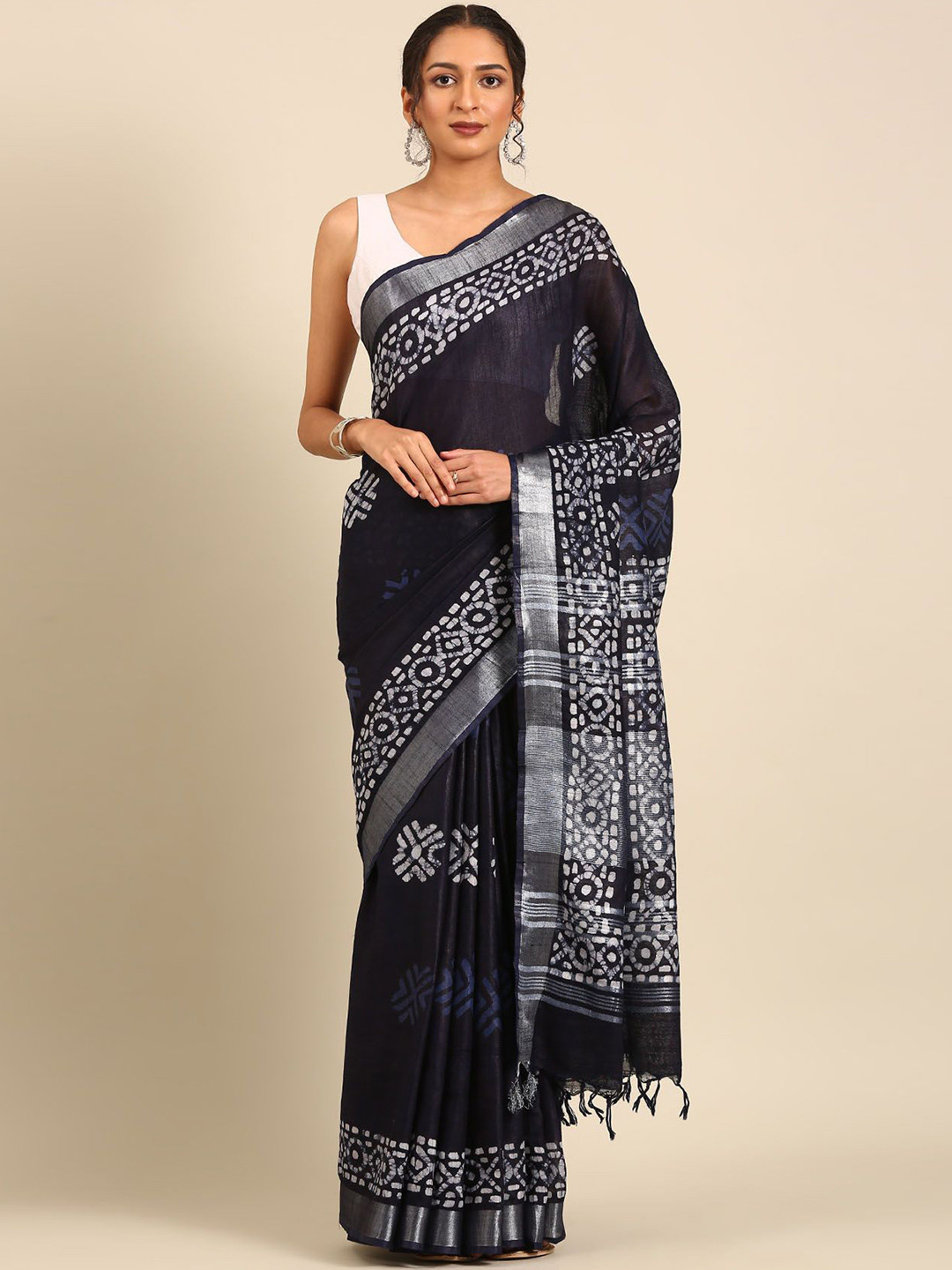 Taashi Block Printed Batik Pattern Linen Saree