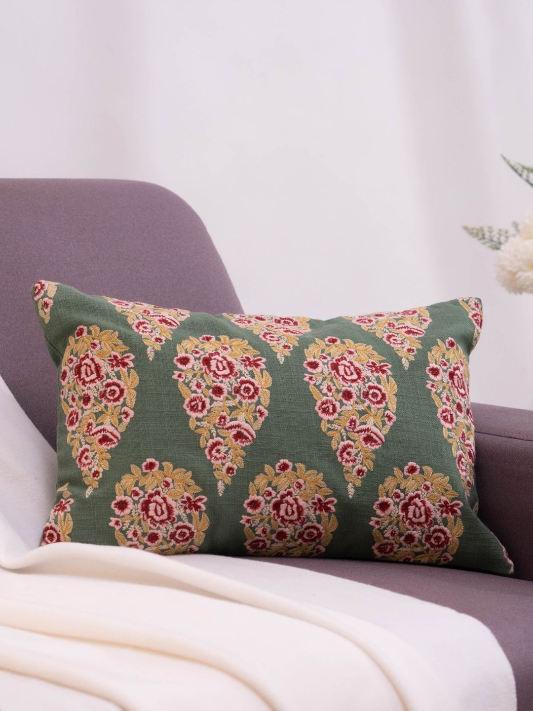 haus & kinder Imperial Garland Green & Yellow Embroidered Cotton Rectangle Cushion Cover