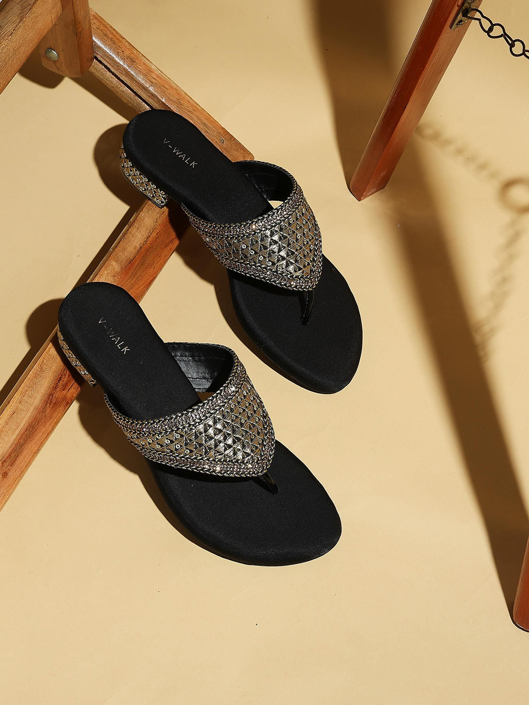 V-WALK Women Ethnic Embellished Woven Design Block Heel Sandals