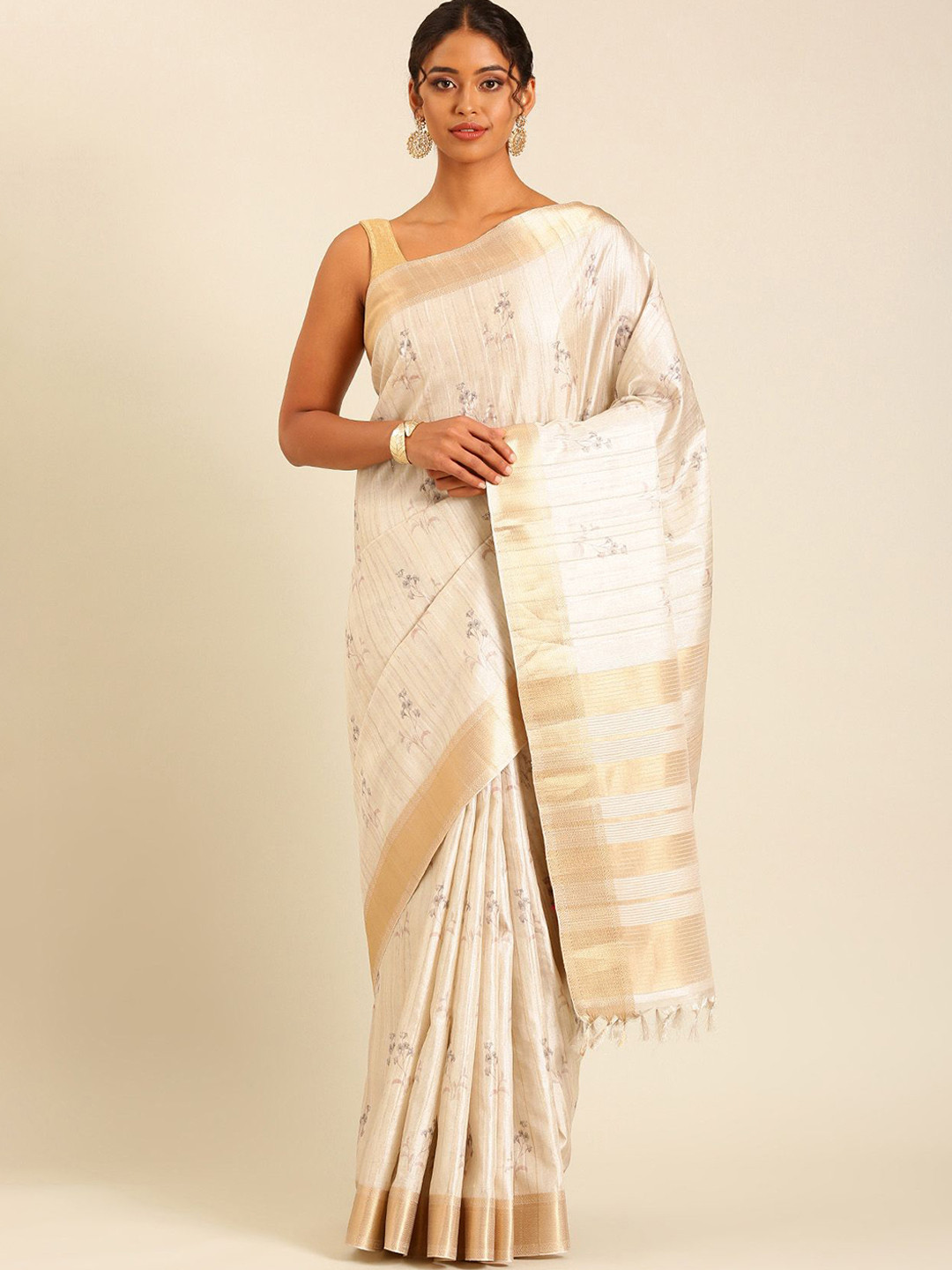 Taashi Textured Floral Printed With Foil Butta Work Printed Tussar Saree