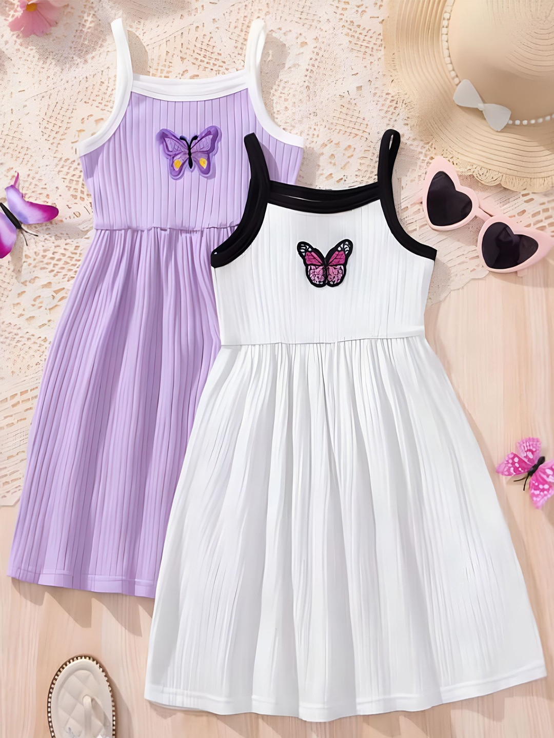 4YOU DRESSES Pack of 2 Striped Applique Cotton Fit & Flare Dresses