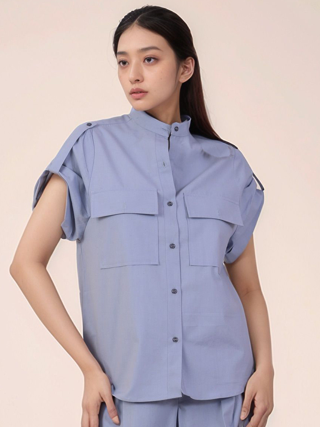 Dheeraj Sharma Women Solid Mandarin Collar Cotton Casual Shirt