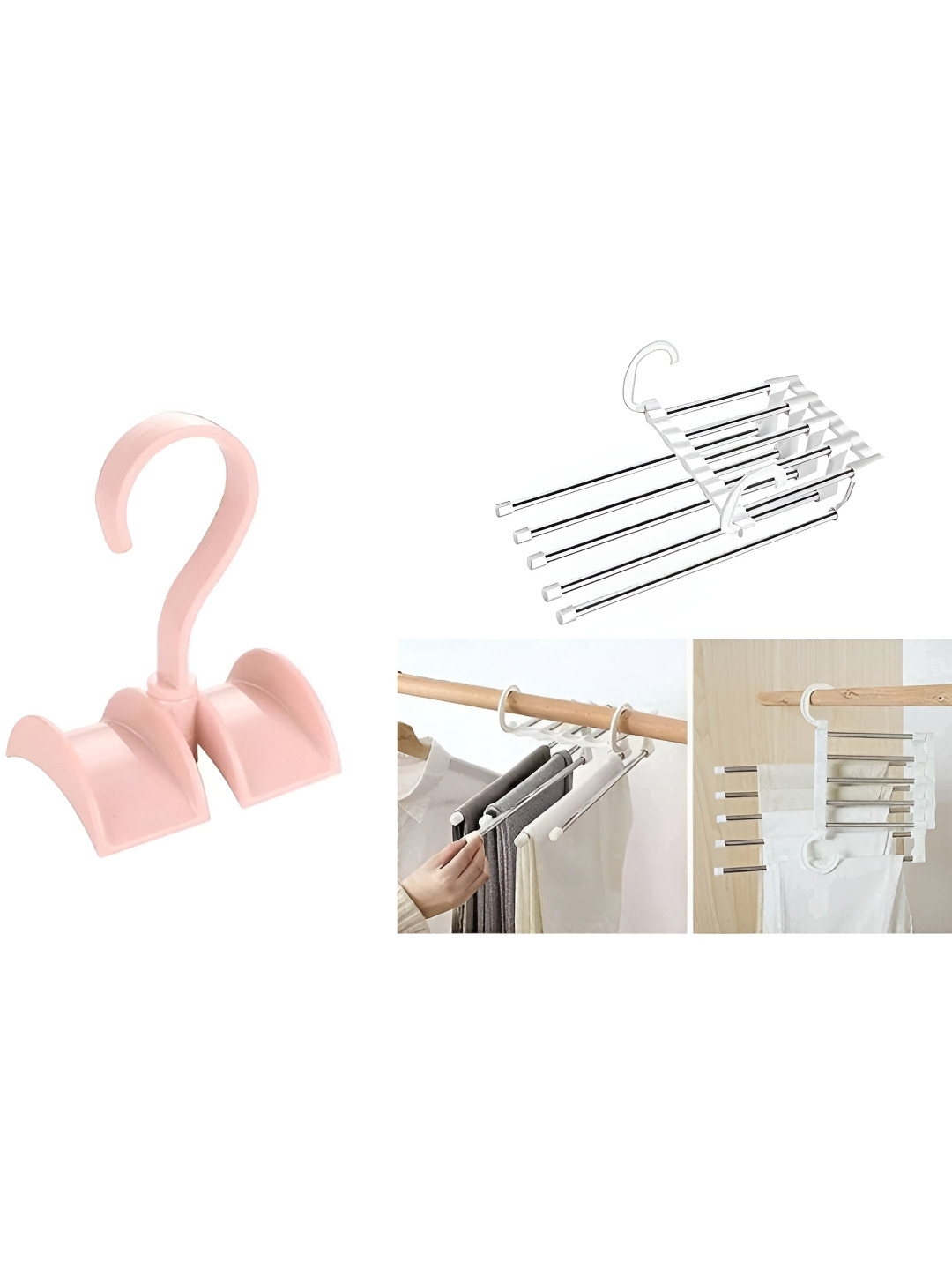 upkaranwale 2Pcs Pink & White 5 in 1 Foldable Hanger & Cap Scraf Wardrobe Hanger Hooks