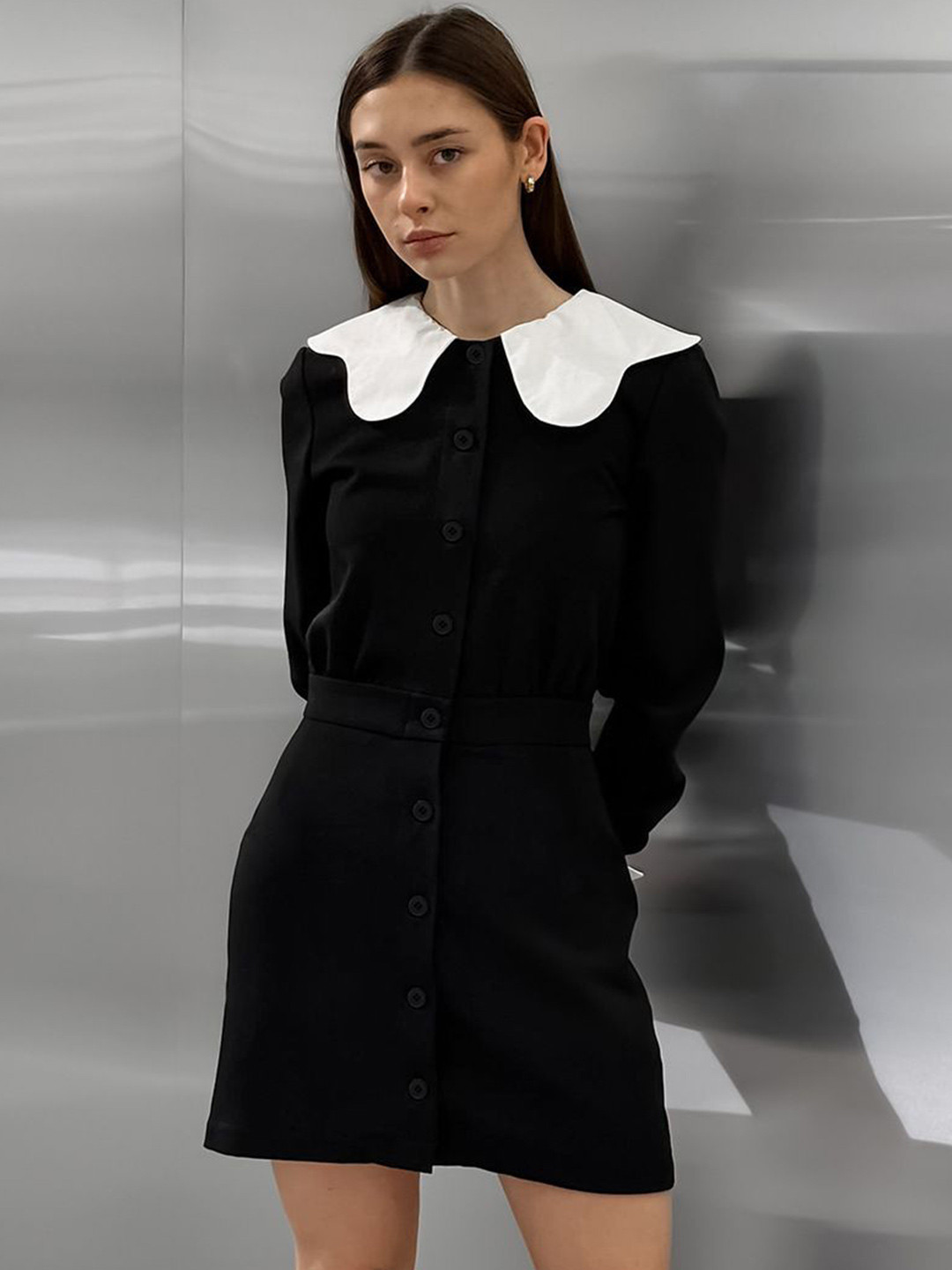 StyleCast Women Belted Peter Pan Collar Roll-Up Sleeves Shirt Mini Dress