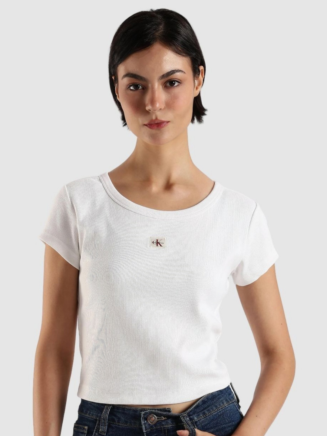 Calvin Klein Jeans Women Aladdin Self Design Round Neck Cotton Slim Fit T-shirt