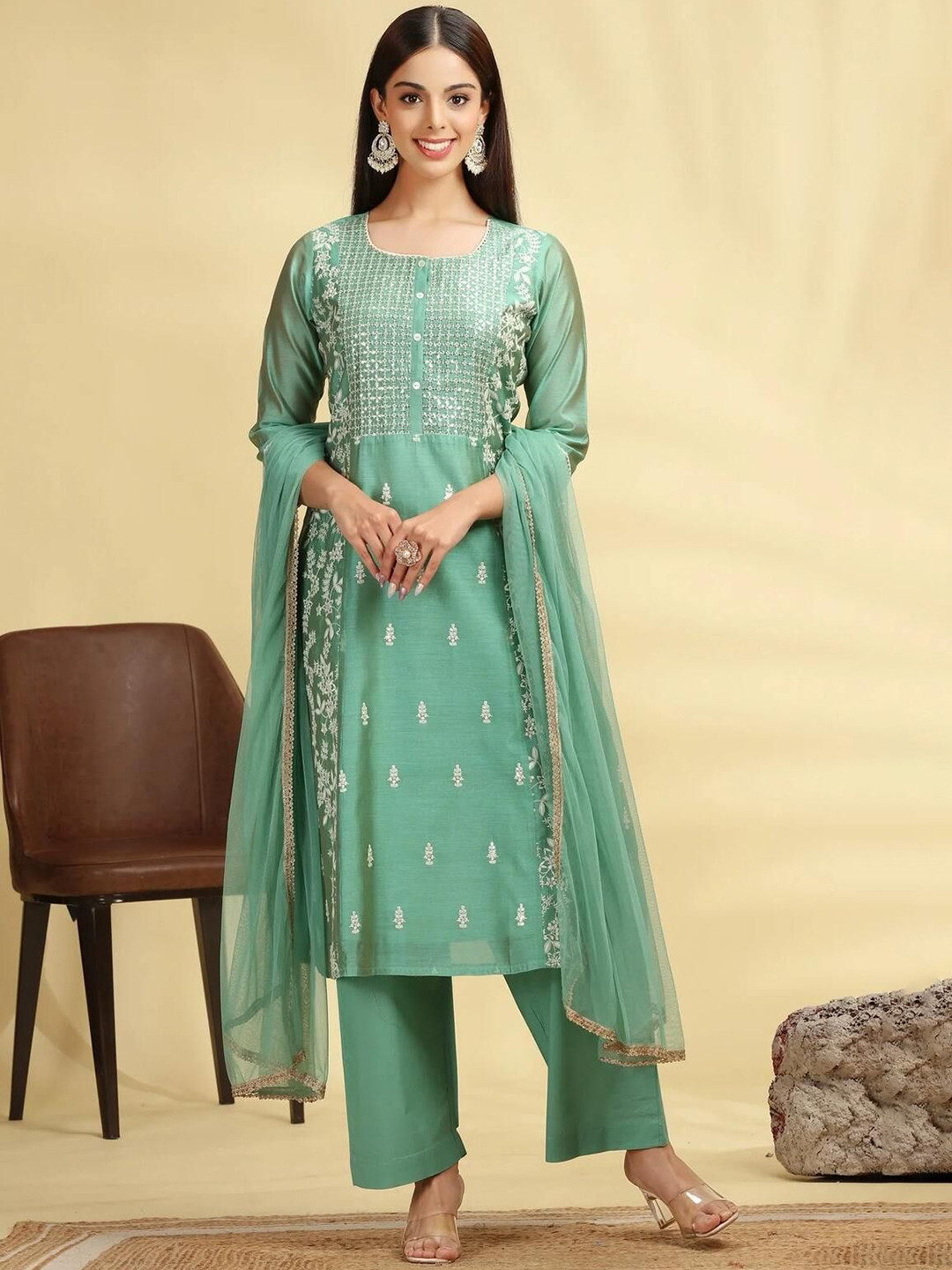 COTTON CULTURE Women Embroidered Chanderi A-Line Kurta Pant Dupatta Suit Set