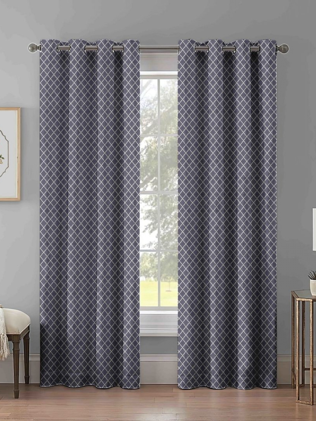 Aura Charcoal & White 2 Pieces Checked Room Darkening Door Curtains