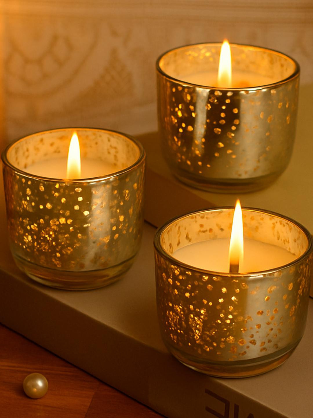 LIGHT JEWELS Silver Toned Oud Mercury Glass Votive 3Pcs Oud Exotica Solid Jar Candles