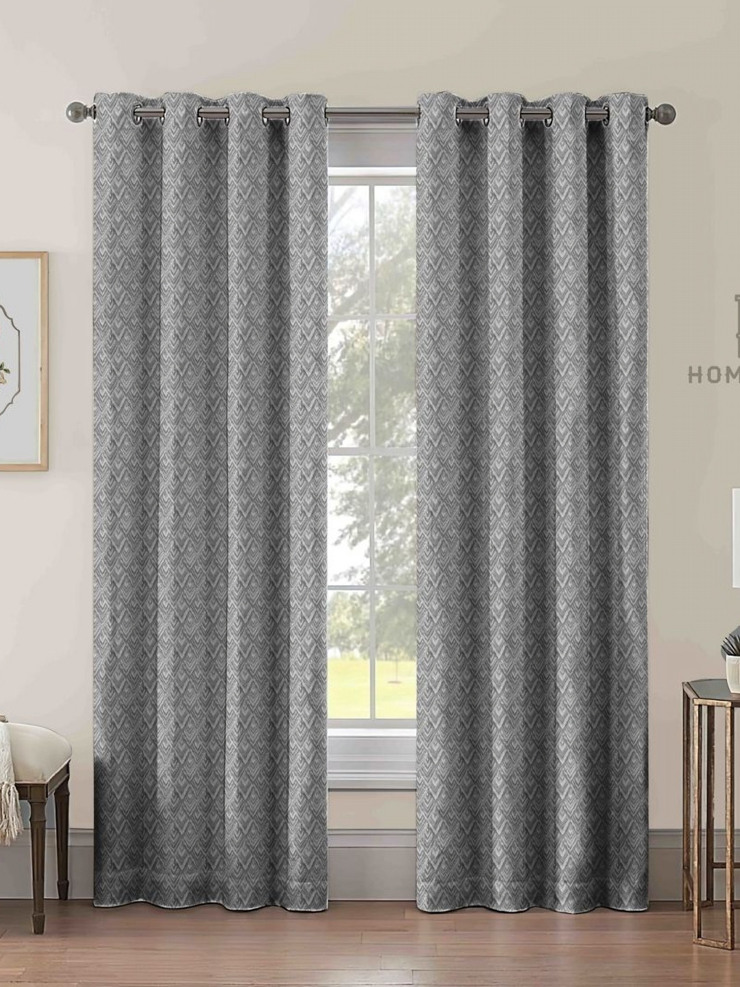 Aura Charcoal & Grey 2 Pieces Geometric Printed Room Darkening Long Door Curtains