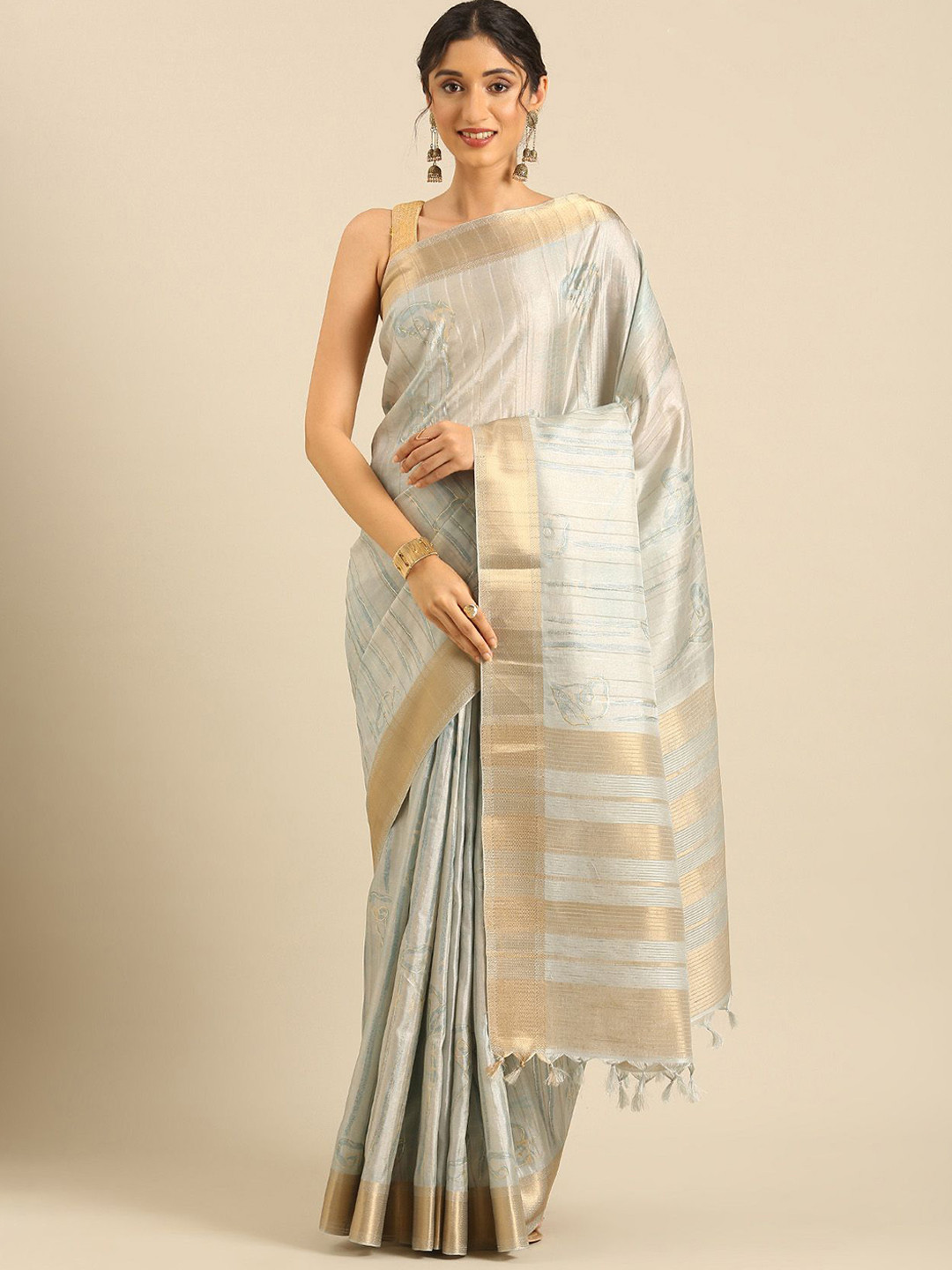 Taashi Beige Textured Foil Printed Tussar Saree