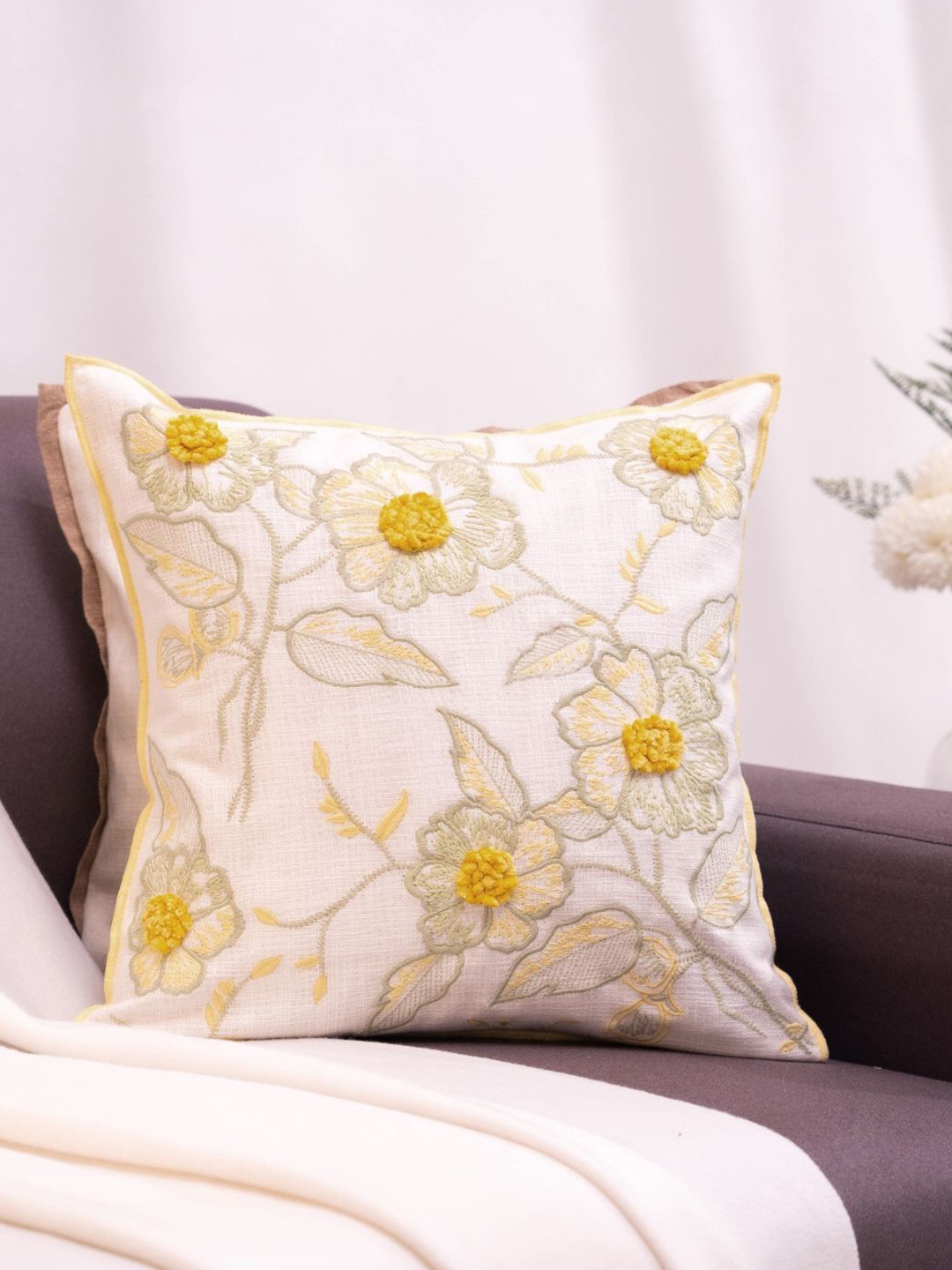 haus & kinder Honeydew Harmony White & Yellow Embroidered Square Cushion Covers