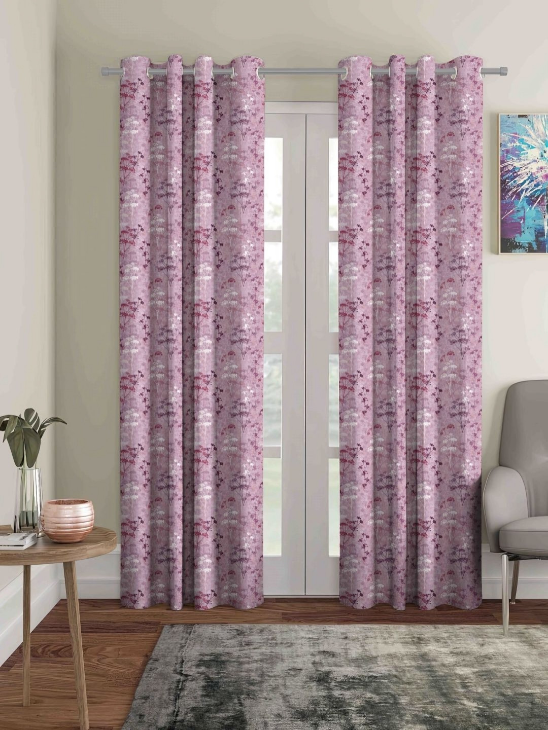 Aura Pink & White 2 Pieces Floral Forest Printed Room Darkening Door Curtains