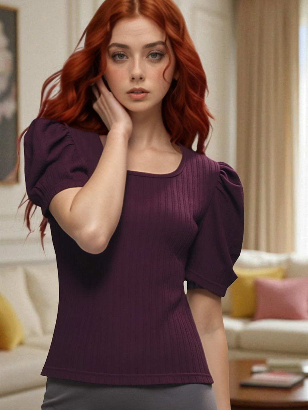 IUGA Women Self Design Striped Puff Sleeve Regular Top