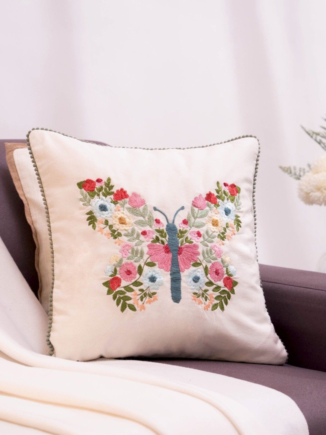 haus & kinder Blossom Butterfly White & Green Embroidered Cotton Square Cushion Covers