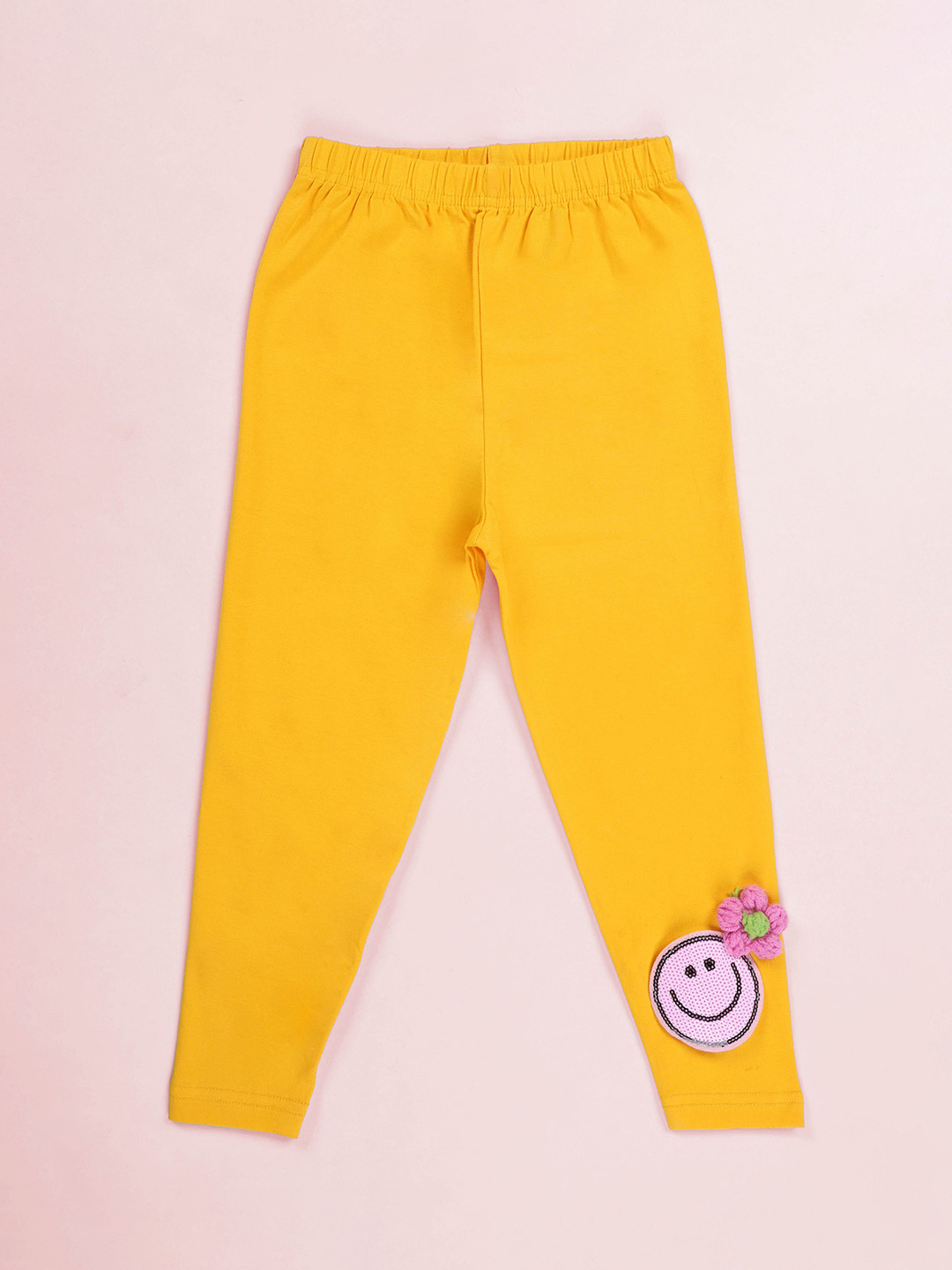 KiddoPanti Girls Self Design Legging With Sequence Smiley Badge & Crotchet Flower