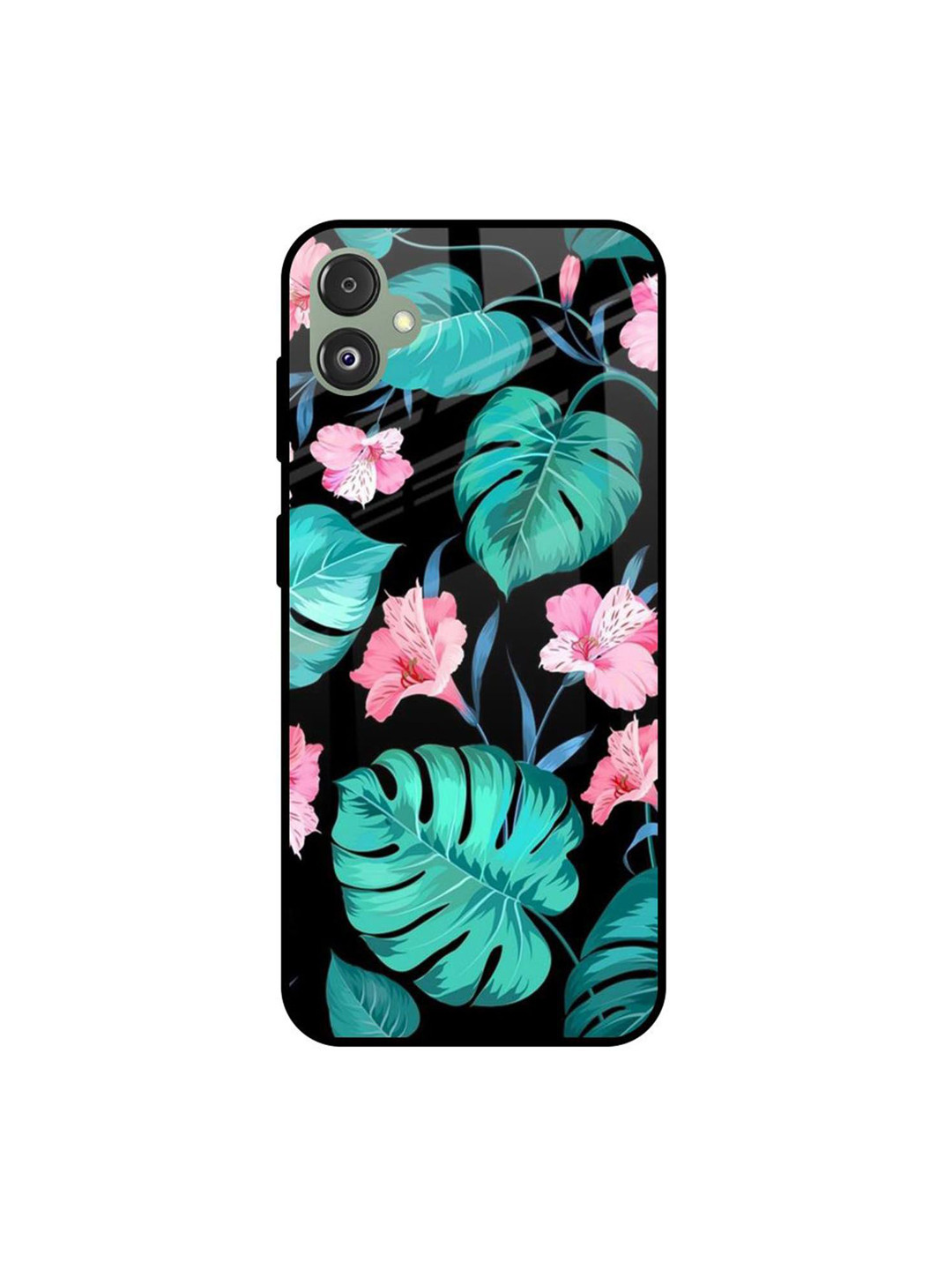 QRIOH  Tropical Leaves & Pink Flowers Glass Case for Samsung Galaxy F14 5G