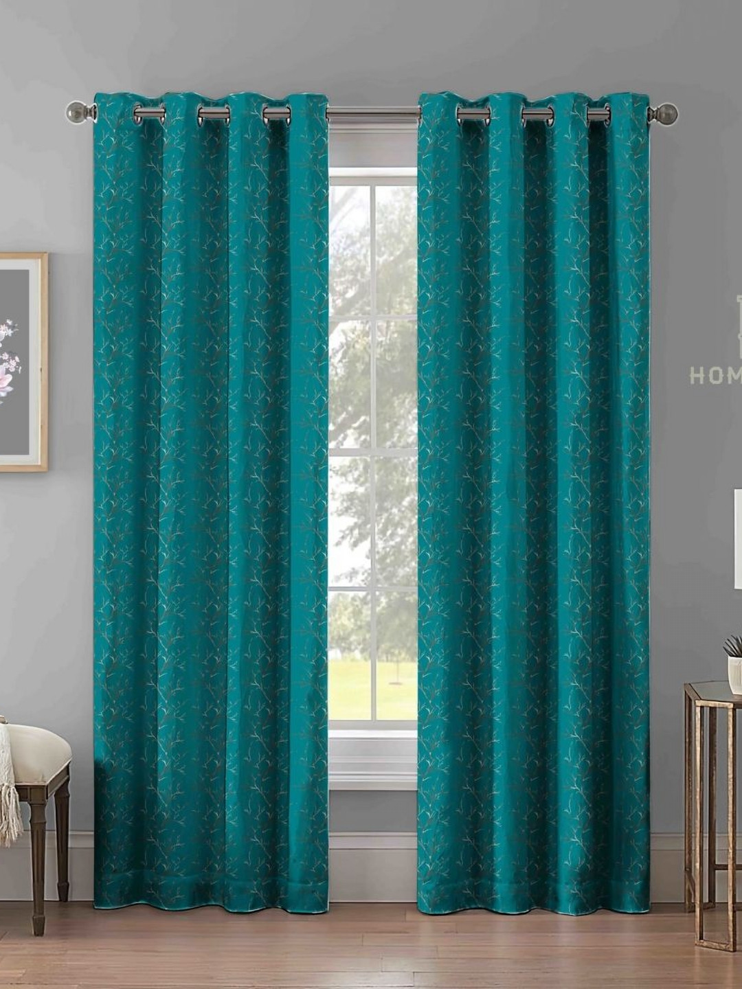 Aura Teal & Gold-Toned 2 Pieces Abstract Printed Room Darkening Door Curtains