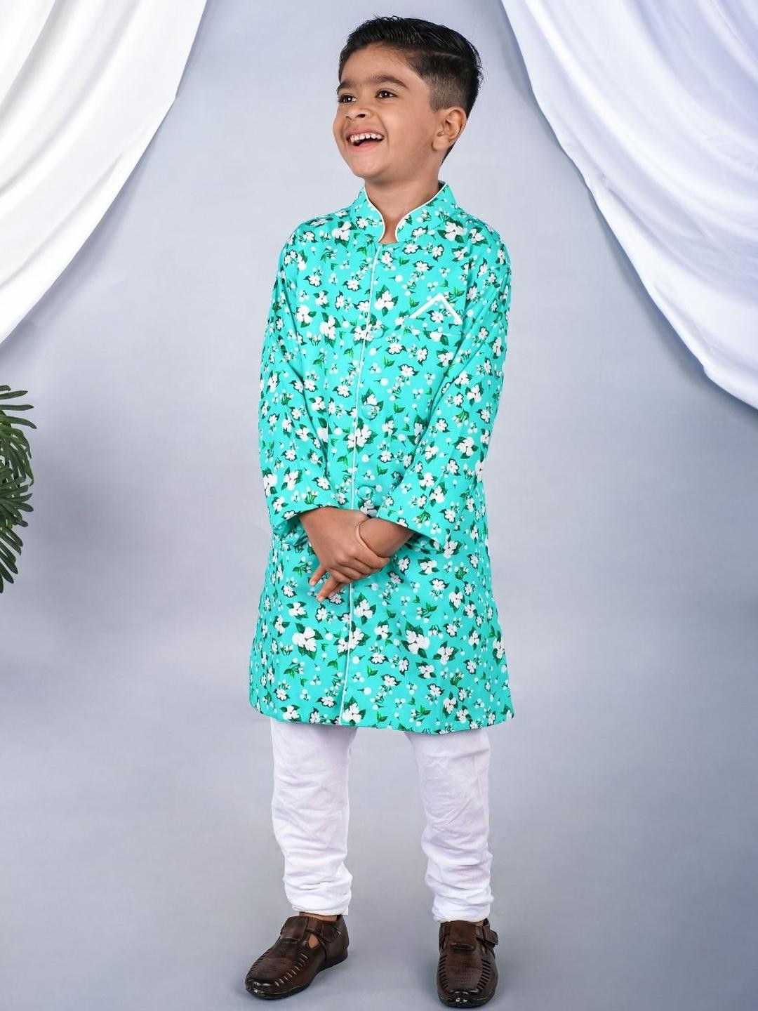 Tura Turi Boys Mandarin Collar Printed Sherwani Set