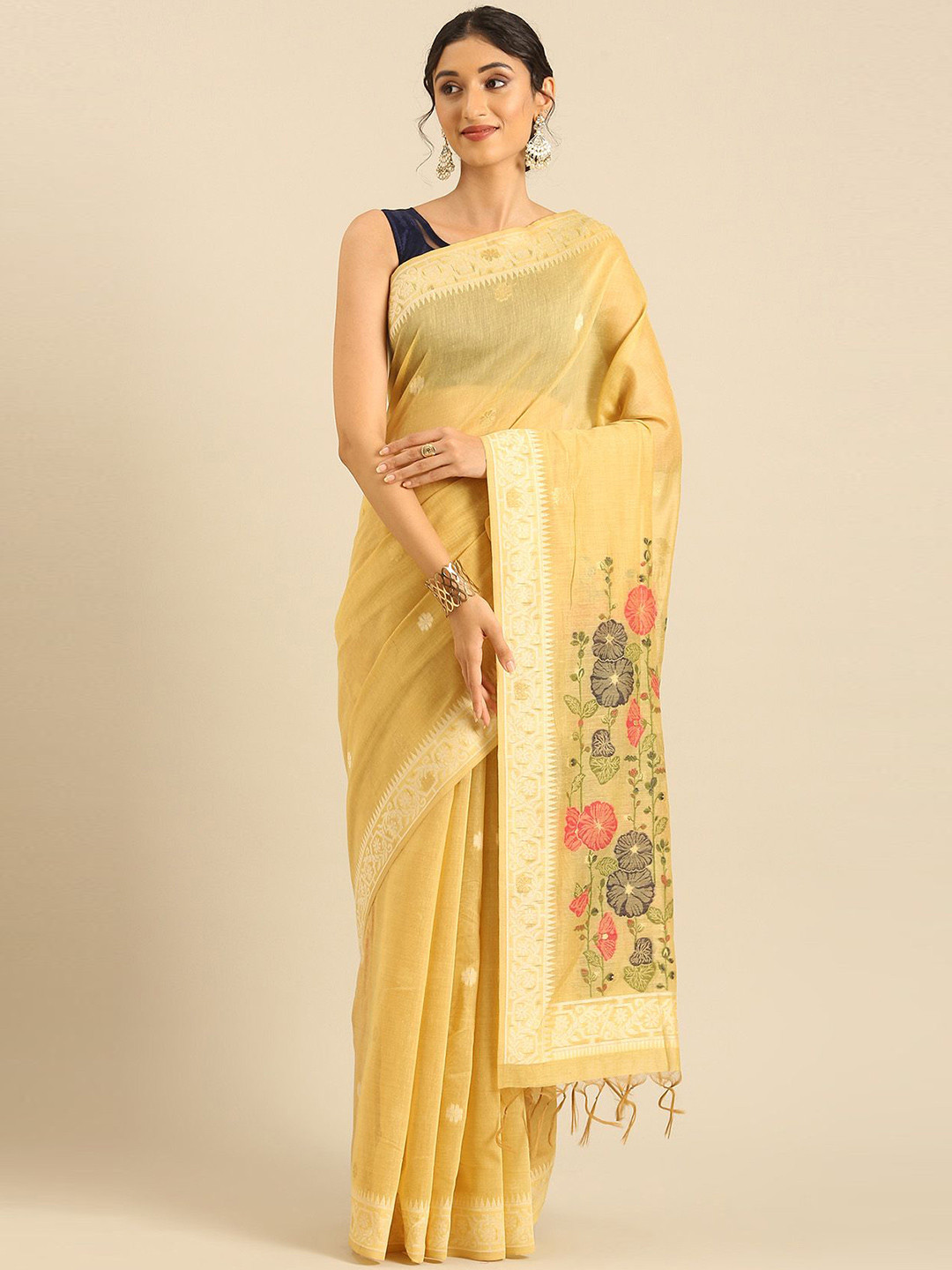 Taashi Beige Woven Butta Linen Saree