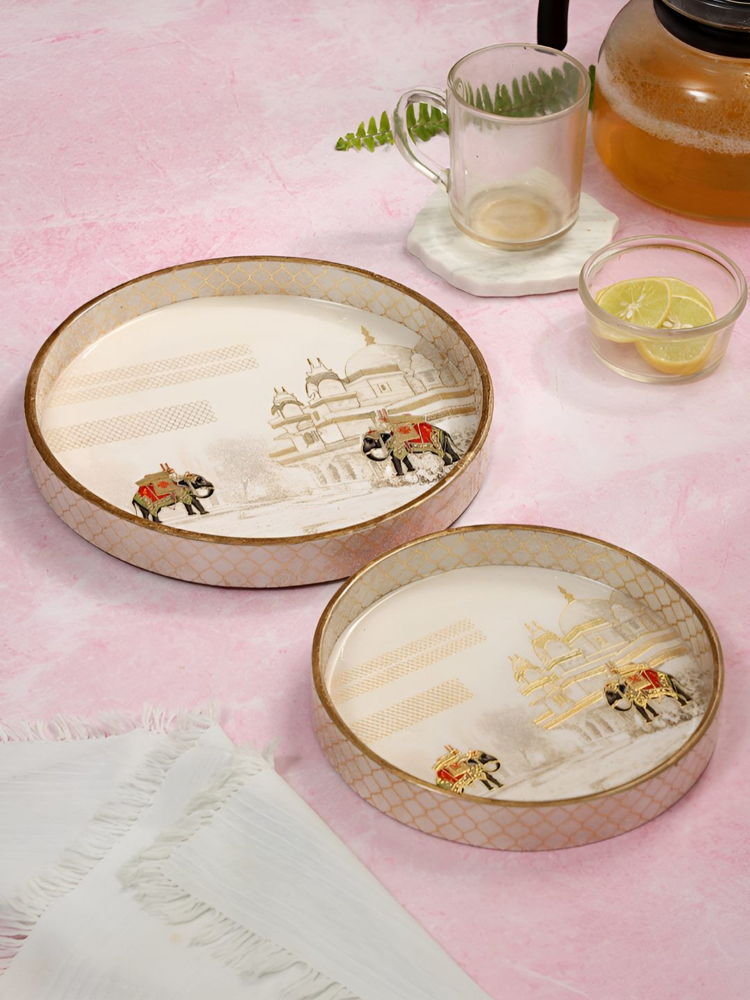 DULI Cream-Coloured & Red 2 Pieces Printed Round Shaped Serving Trays