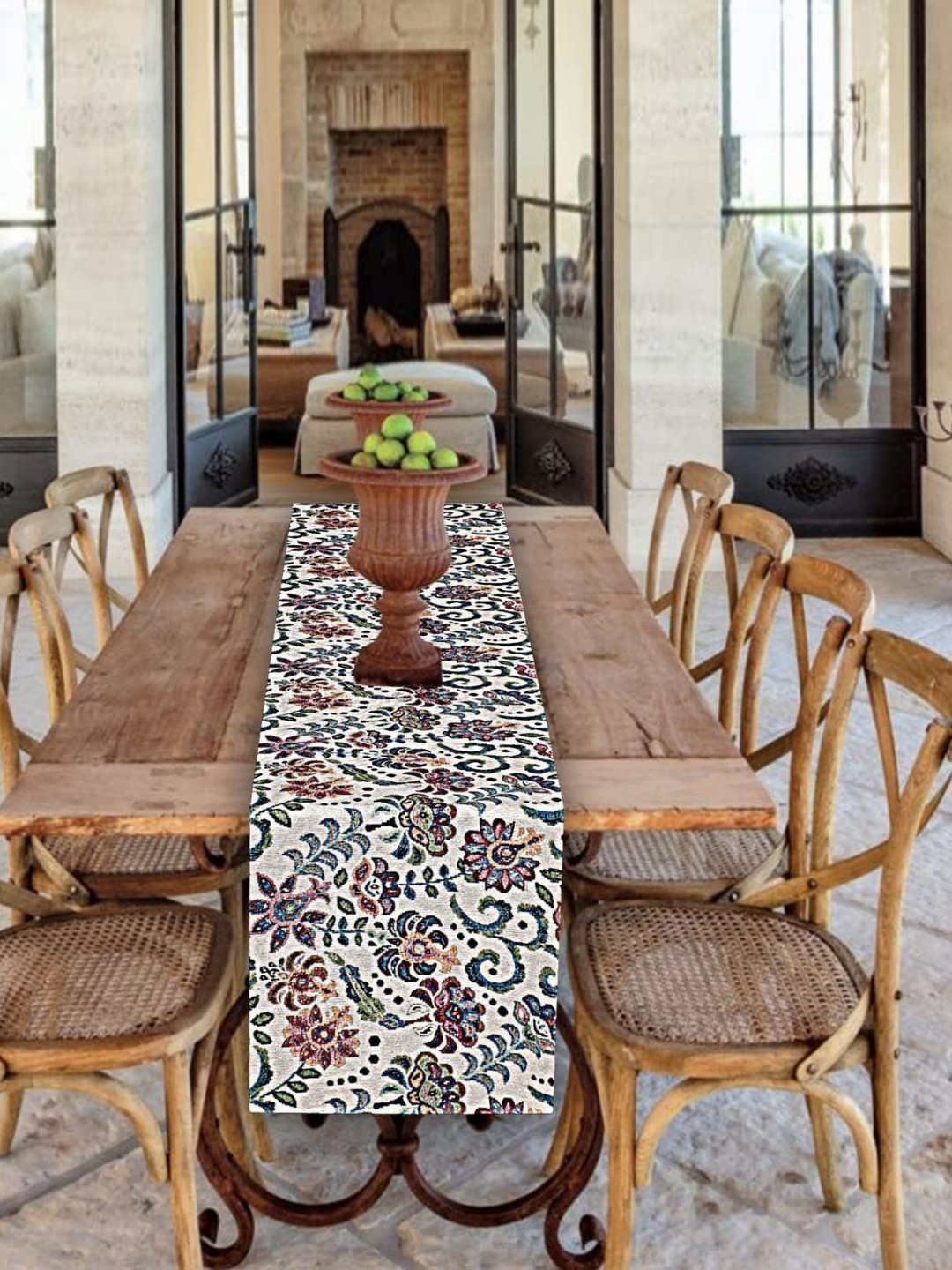 PRAKARTIK Beige & Blue Floral Printed Pure Cotton Table Runner